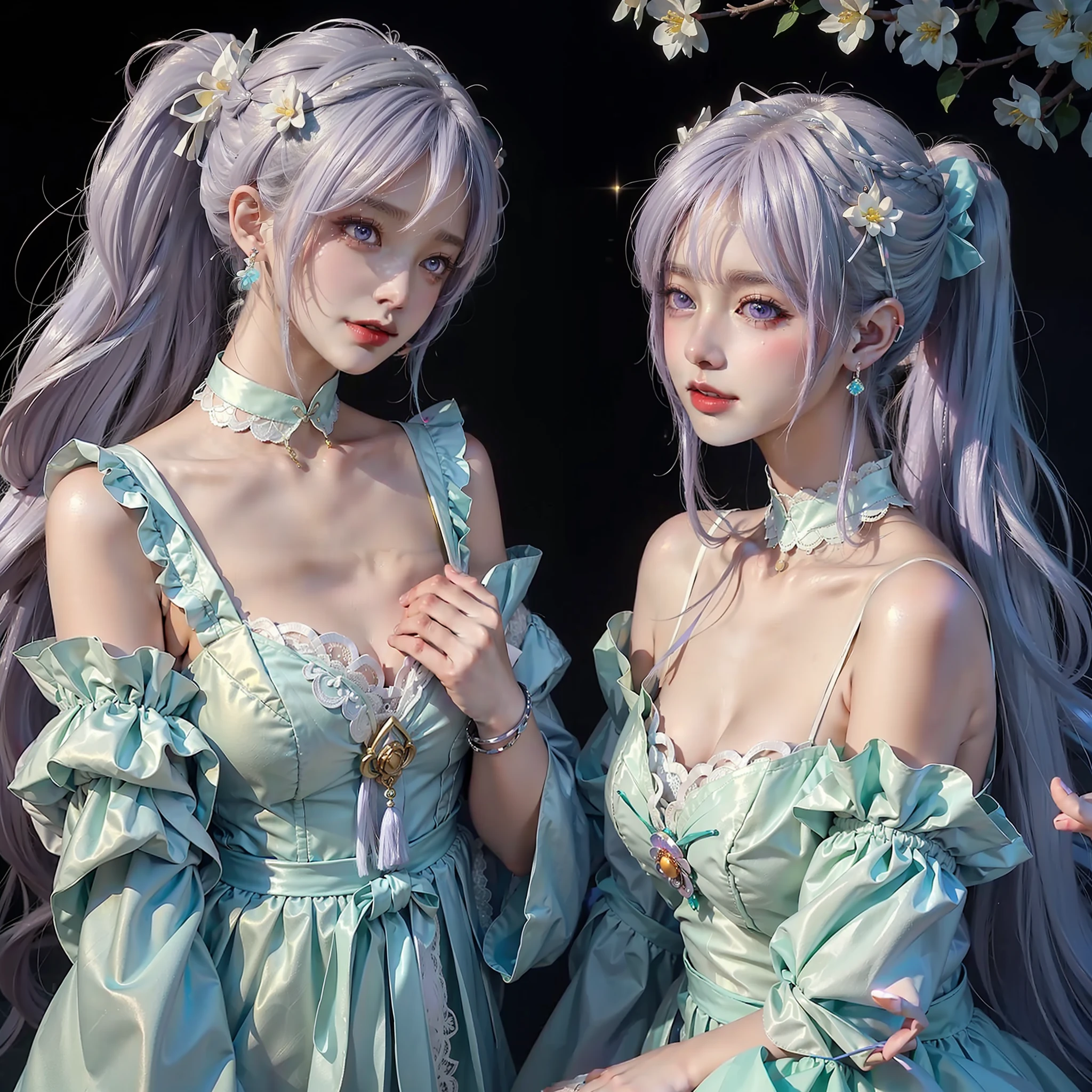 Lilac double ponytail,Hairpin headdress,choker necklace,Lace collar,Fashion design dress,Bracelet,Circle earrings,Brilliant colors,Among the flowers,Side Body。Anime style,超高分辨率,Stunning CG,Authentic texture,Cinematic lighting realism