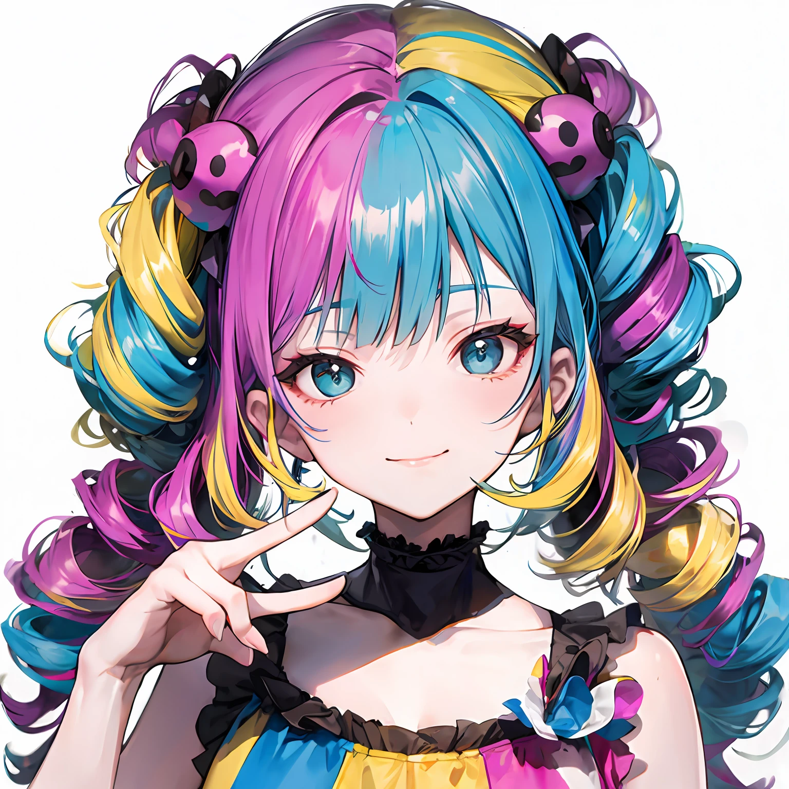clown,smile,drill_hair,(wavy multicolor hair:1.2),(smokeanywhere:1.4)