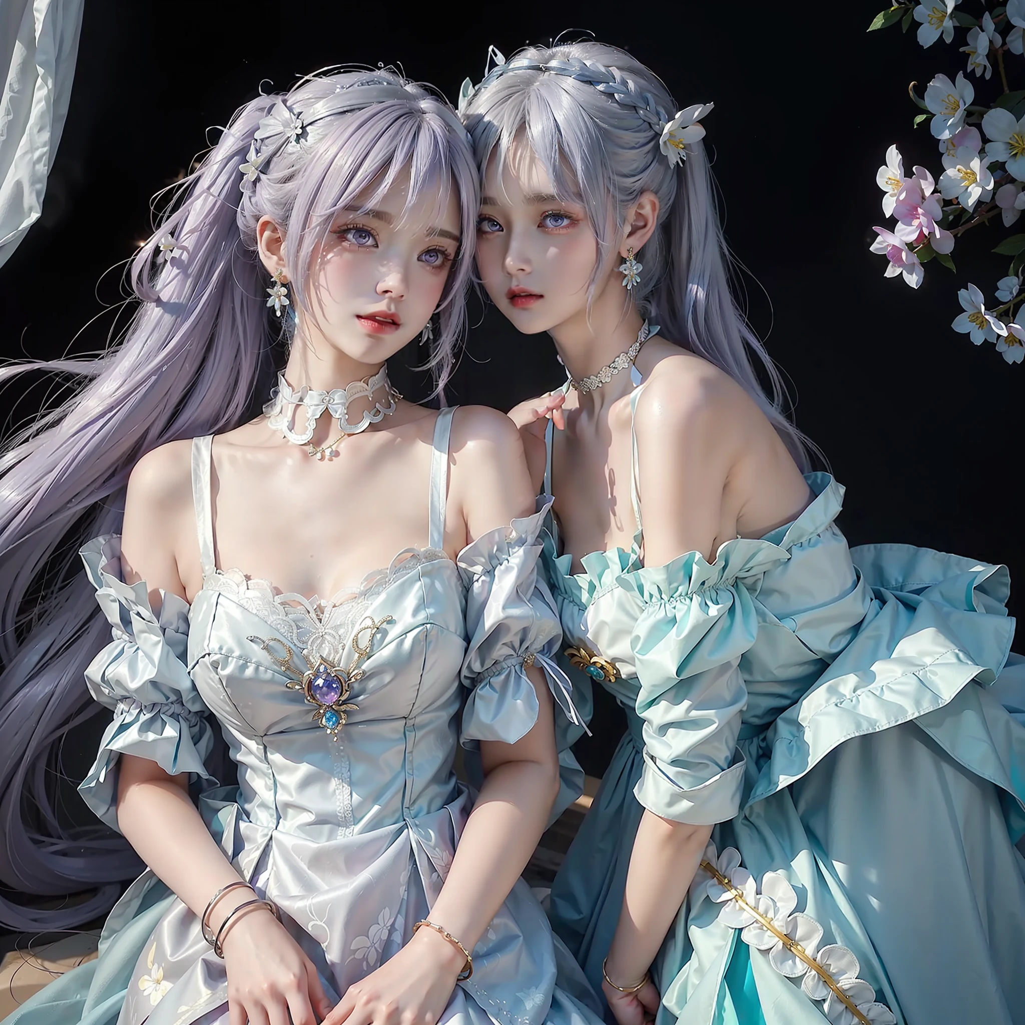 Lilac double ponytail,Hairpin headdress,choker necklace,Lace collar,Fashion design dress,Bracelet,Circle earrings,Brilliant colors,Among the flowers,Side Body。Anime style,超高分辨率,Stunning CG,Authentic texture,Cinematic lighting realism