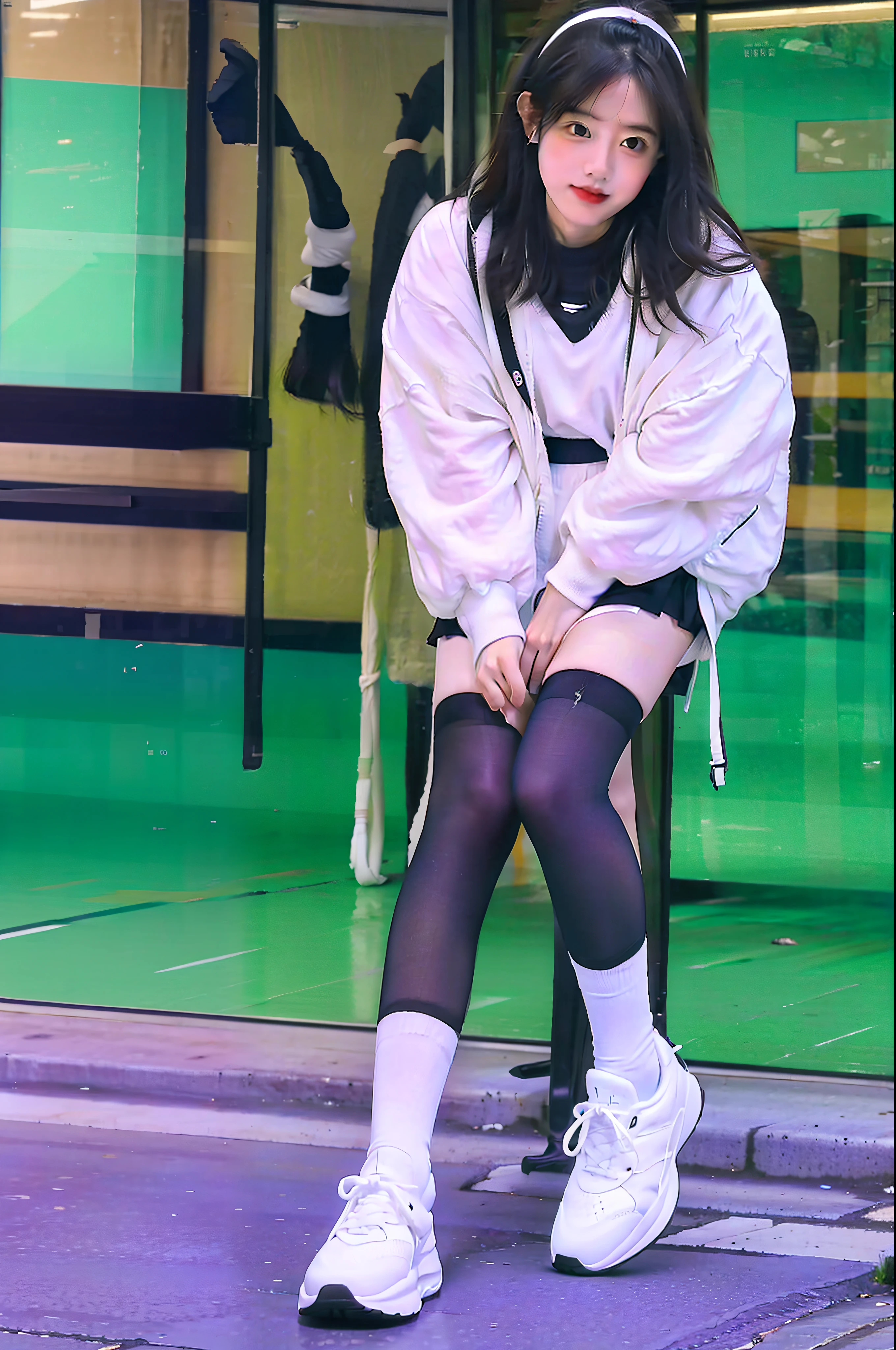 Girls wear white skirts, black stockings and white cotton socks,athletic sneakers,systemic
