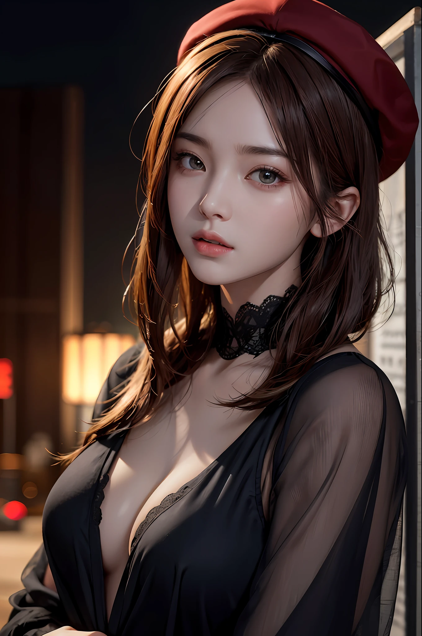 photographrealistic，动态照明，poster for，Volumetriclighting，Very detailed faces，4k，1girl，in the darkness nigth，deep shading，low tune，Raised sexy,short detailed hair,redheadwear,