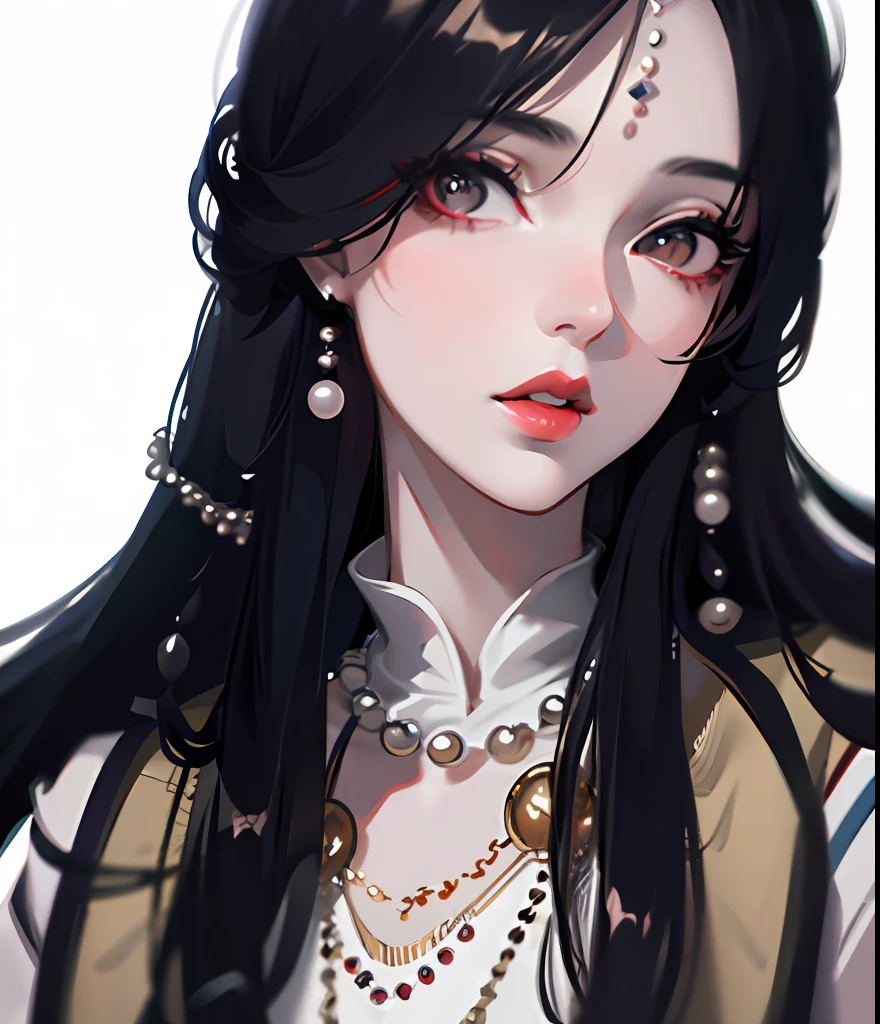 Woman with long hair,pearls necklace,largeeyes,Redlip,beige clothes,ultra - detailed,(tmasterpiece:1.2),best qualtiy,tmasterpiece,highest quality,Original,extremelydetailedwallpaper,Perfect lighting,(extremaly detailed cg:1.2),desenho