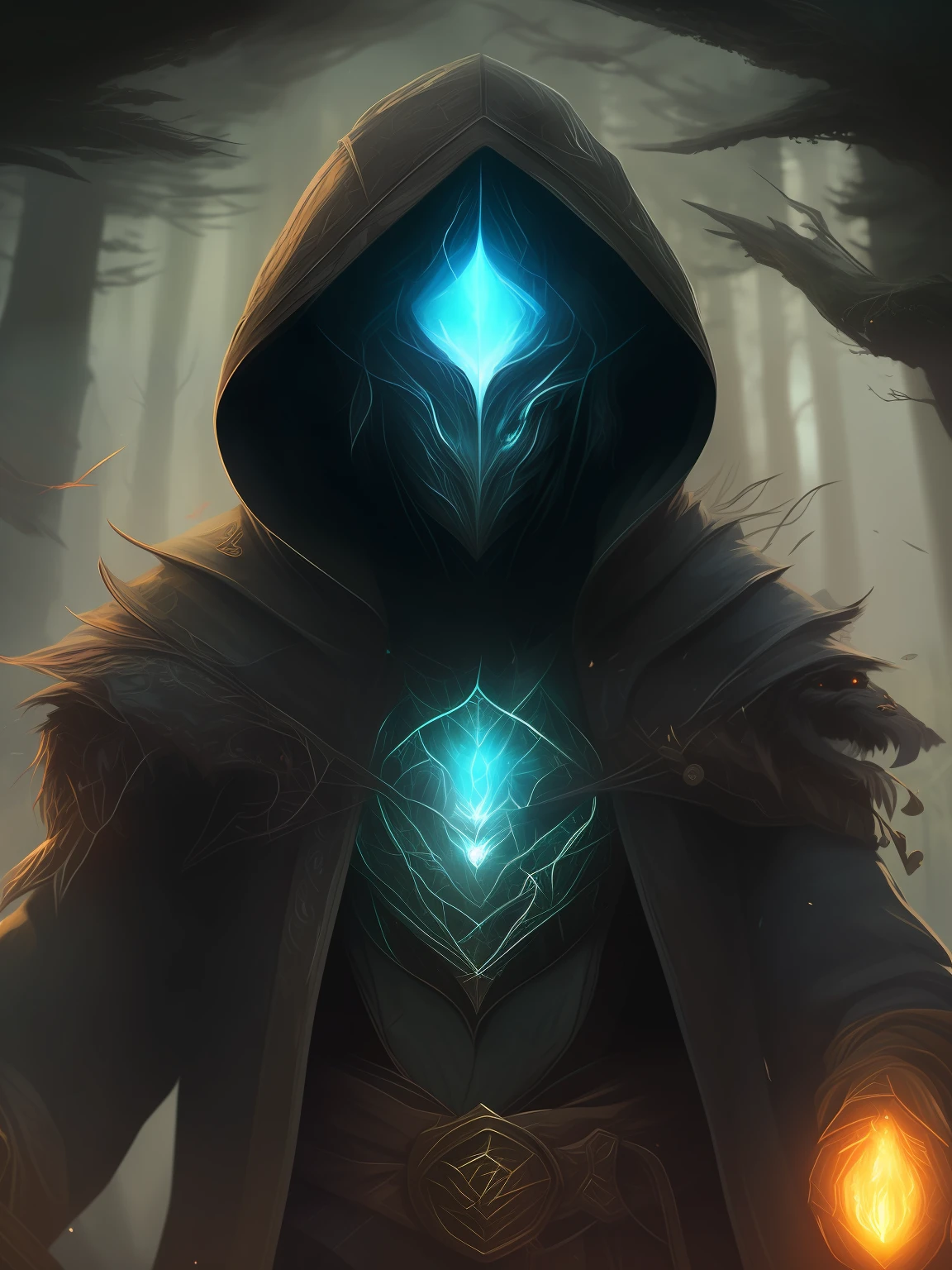 Close-up of a man in a hooded jacket in the forest, Epic fantasy digital art style, Epic fantasy art style, Digital 2D fantasy art, Detailed digital 2D fantasy art, portrait of a forest mage, arcane from netflix, Shine brightly,Epic, epic digital art illustration, with glowing runes on the body, painted in the style arcane