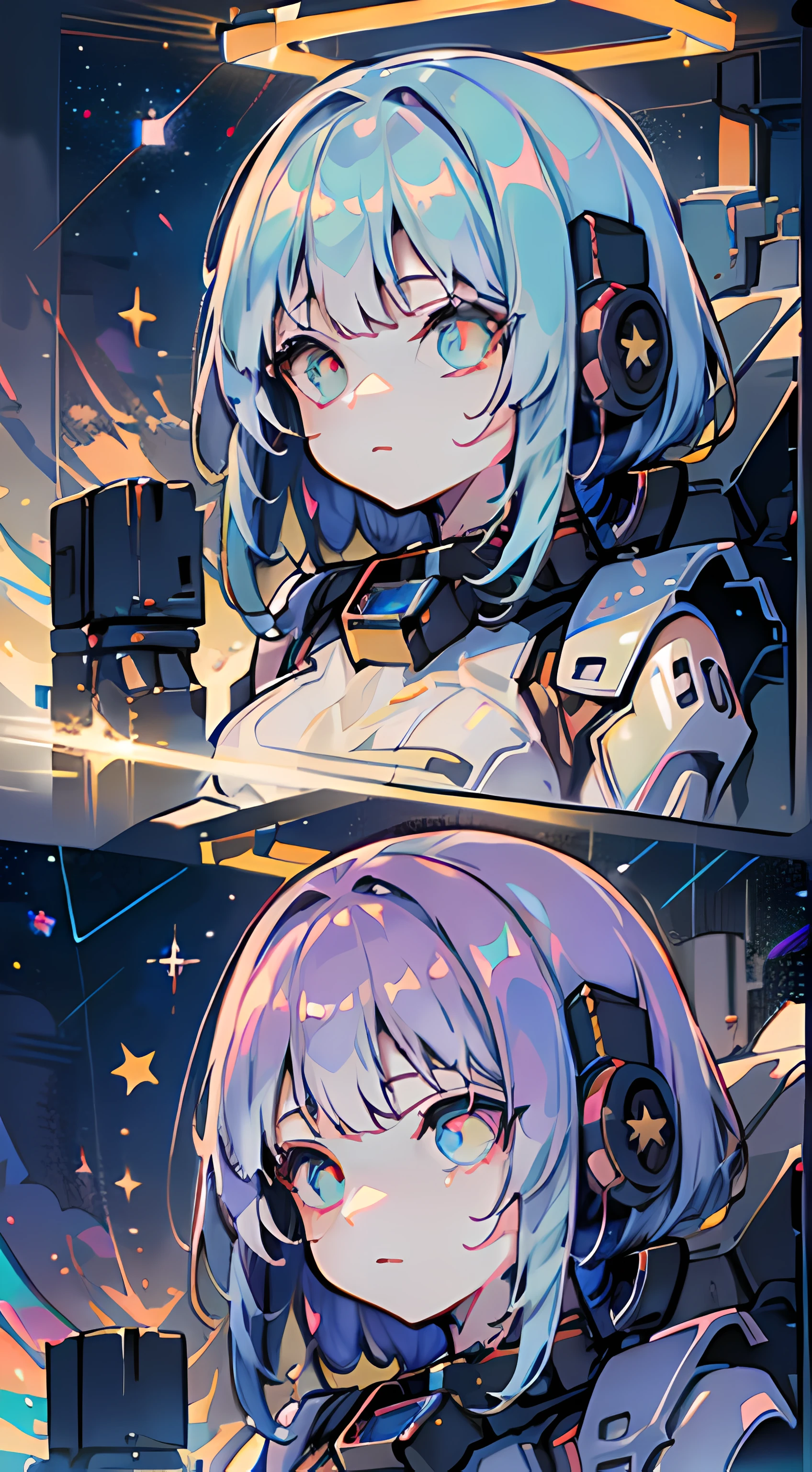 ((mecha-girl)), ((Plasma laser cannon)), ((Floating cannon)), (High throw filter), in a panoramic view, (s the perfect face), (Exquisite facial features), (neonlight:1.2), (Ambient lighting), Colorful, ((Gorgeous starry sky background)), ((Ultra-detailed)), ((Best Illustration)), ((Cinematic lighting))