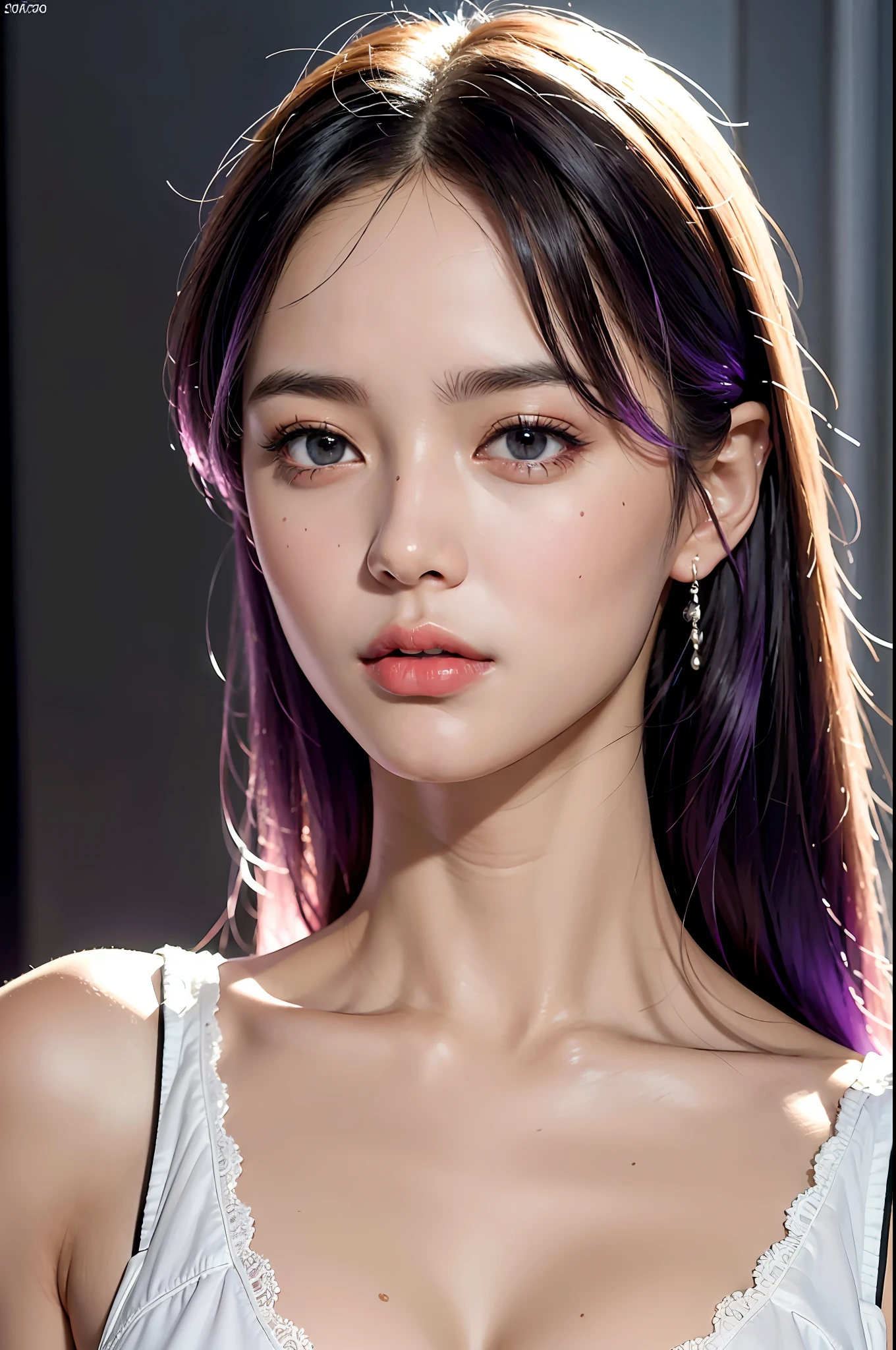 best qualtiy,tmasterpiece,extremely detaile,A high resolution,4K,超A high resolution,detailedshadows,Ultra photo realsisim,realisticlying,Dramatic lighting,1girll,独奏,详细的脸,photorealistic eye,Realistic skin,white dresses,Purple colored hair,dynamicposes,white lace dress,huge tit