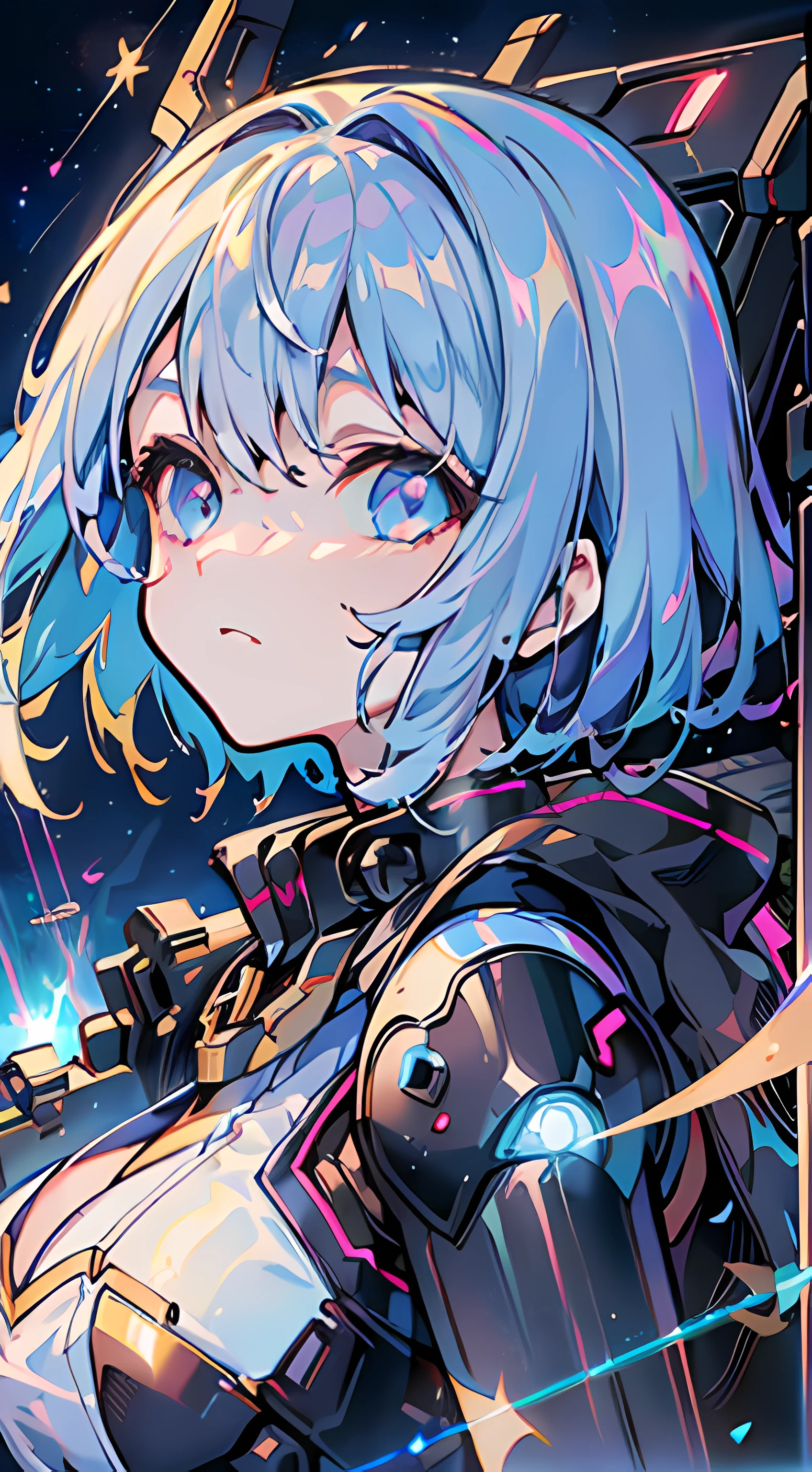 ((mecha-girl)), ((Plasma laser cannon)), ((Floating cannon)), (High throw filter), in a panoramic view, (s the perfect face), (Exquisite facial features), (neonlight:1.2), (Ambient lighting), Colorful, ((Gorgeous starry sky background)), ((Ultra-detailed)), ((Best Illustration)), ((Cinematic lighting))