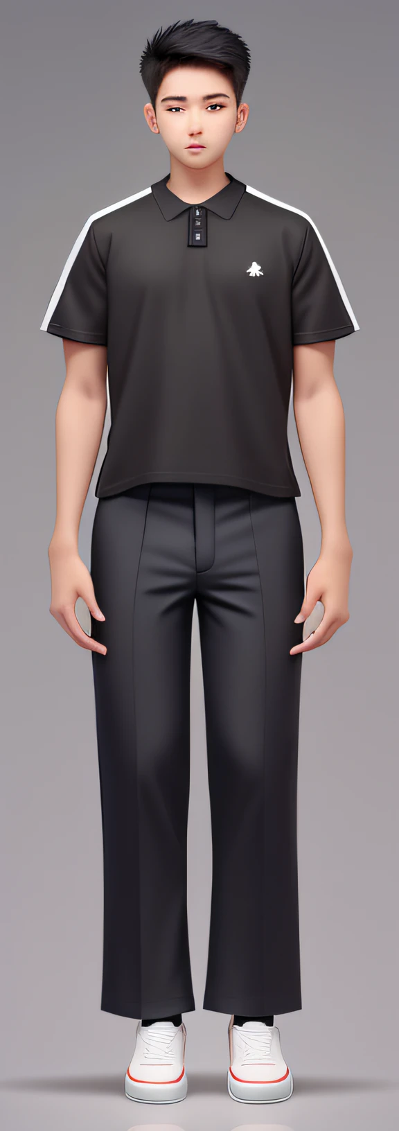 A male high school student,Short hair,Wear a short-sleeved shirt,The shirt has a black neckline,Black sports trousers,black sneaker shoes