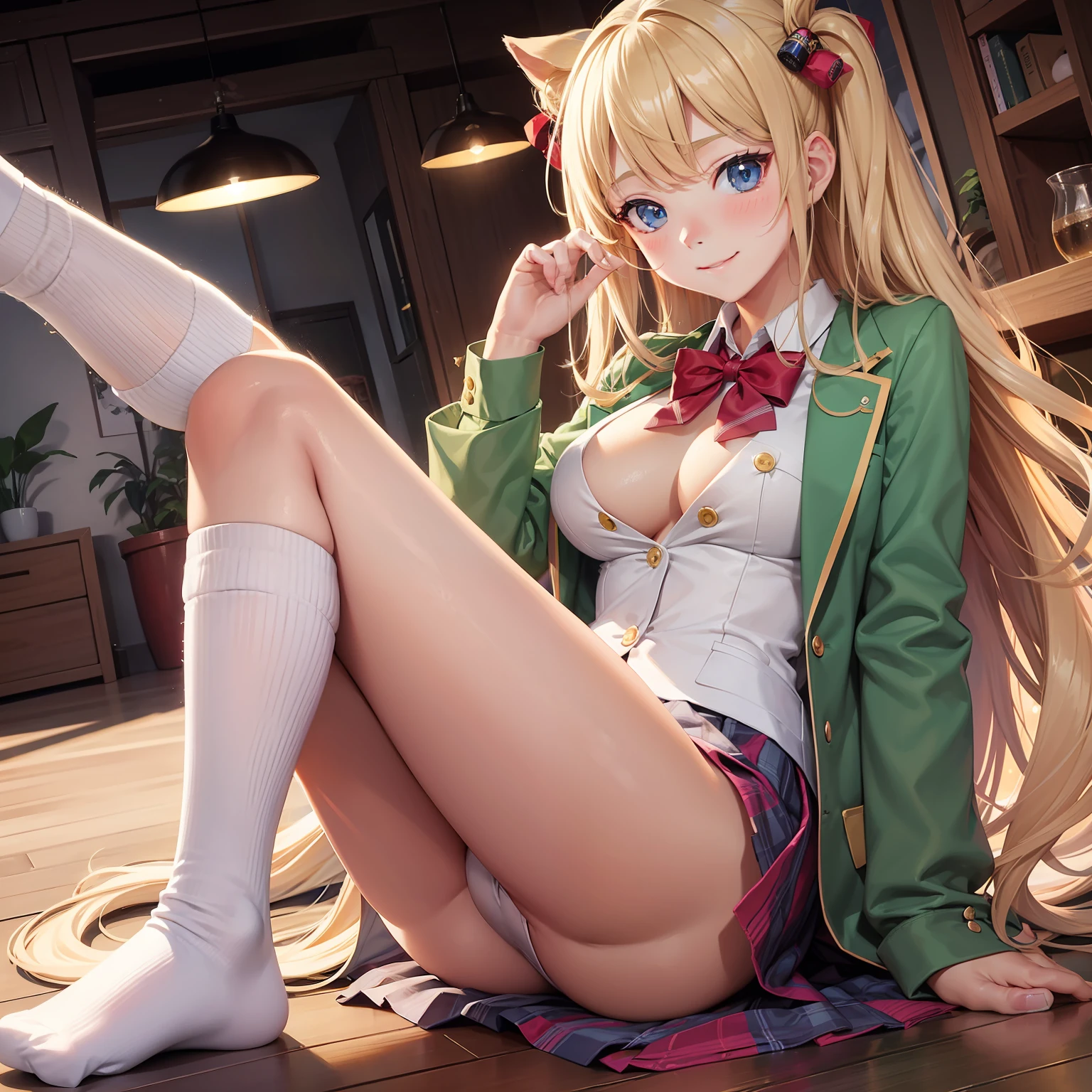 13Year old girl 校服 blazers A smile long Blonde hair top-quality masterpiece 超A high resolution beautiful a girl Colossal tits Loose socks Excellent style