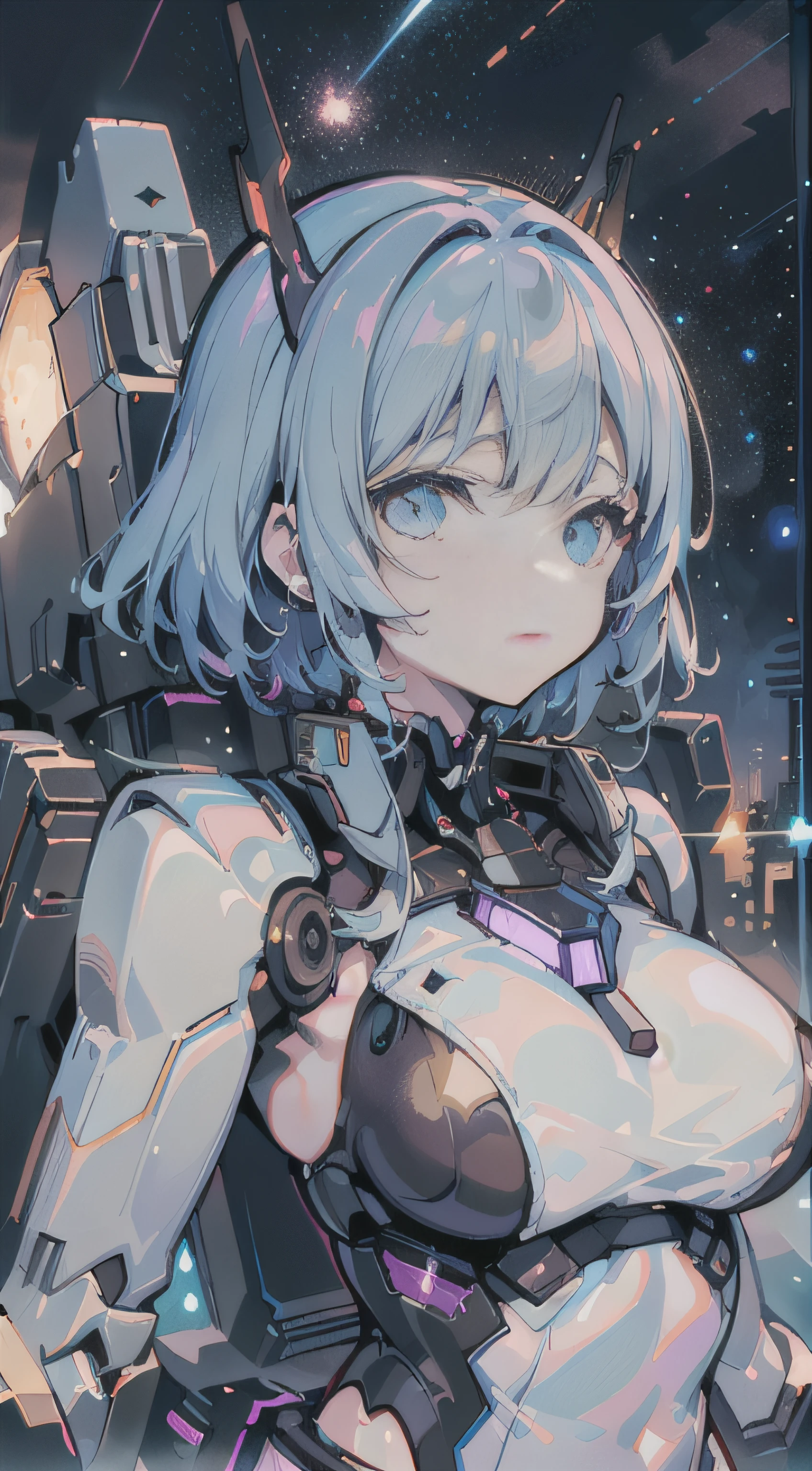 ((mecha-girl)), ((Plasma laser cannon)), ((Floating cannon)), (High throw filter), in a panoramic view, (s the perfect face), (Exquisite facial features), (neonlight:1.2), (Ambient lighting), Colorful, ((Gorgeous starry sky background)), ((Ultra-detailed)), ((Best Illustration)), ((Cinematic lighting))