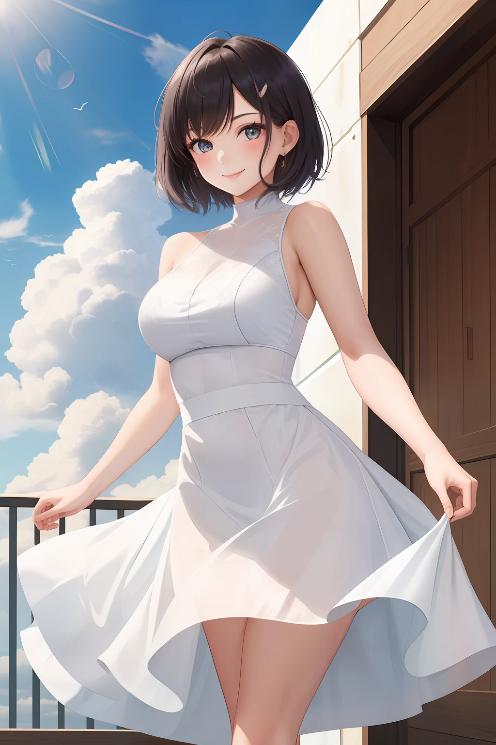 feminine girl, short hair, hair pulled back, seductive smile, breasts, sleeveless_dress, cloud,