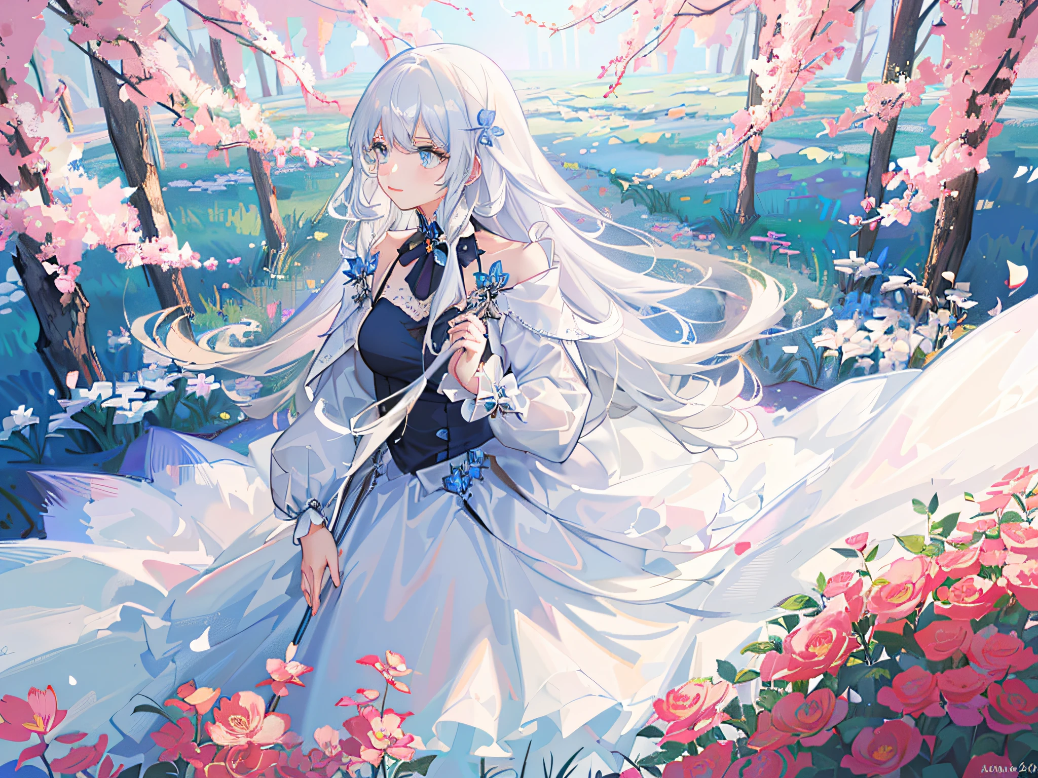 Anime girl standing in flower field in white dress,Long white hair and blue dress, blue color eyes,Beautiful anime art,