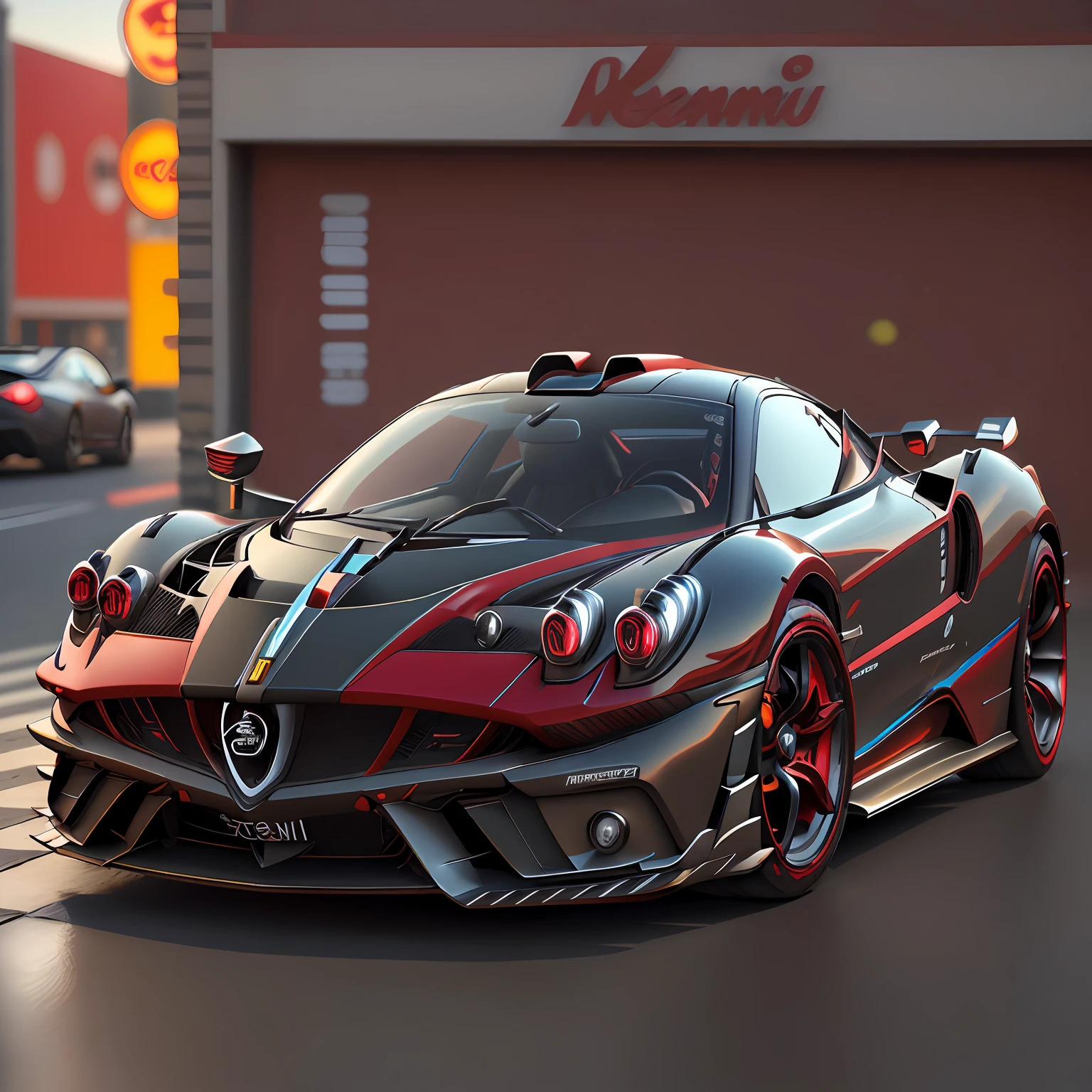(PAGANI ZONTA F 2023 ),(total view) ,VERMELHO64 k, (VERMELHO),NEON 3D ,MIAMI,detalhes hiper realismo