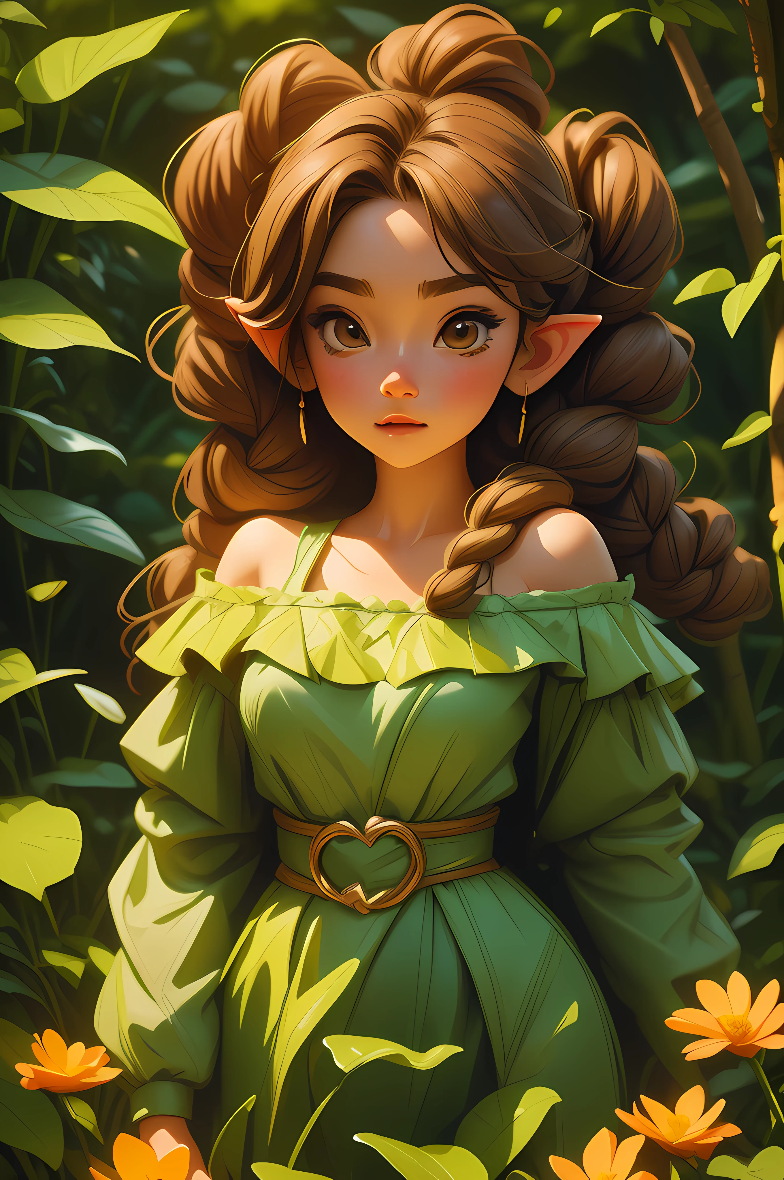 anime cute poses, elf girl, short cute 20 years old girl, wearing off shoulder frock, standing, forest background, many flowers in back ground, the two curly long brown braids hair, 8k, RAW photo, best quality, masterpiece, high detail RAW color photo, dramatic lighting, cinematic lighting, back light, professional lighting, detailed face, full body