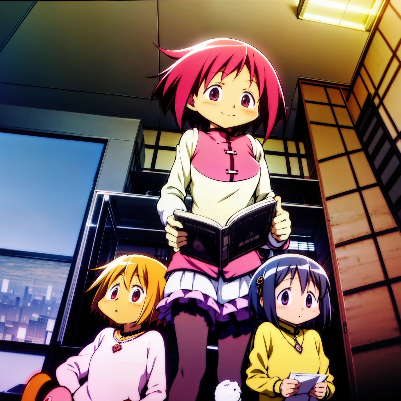 masterpiece, girl, pink hair, short hair, reading books, indoor, night, glowing, fantastic, best quality