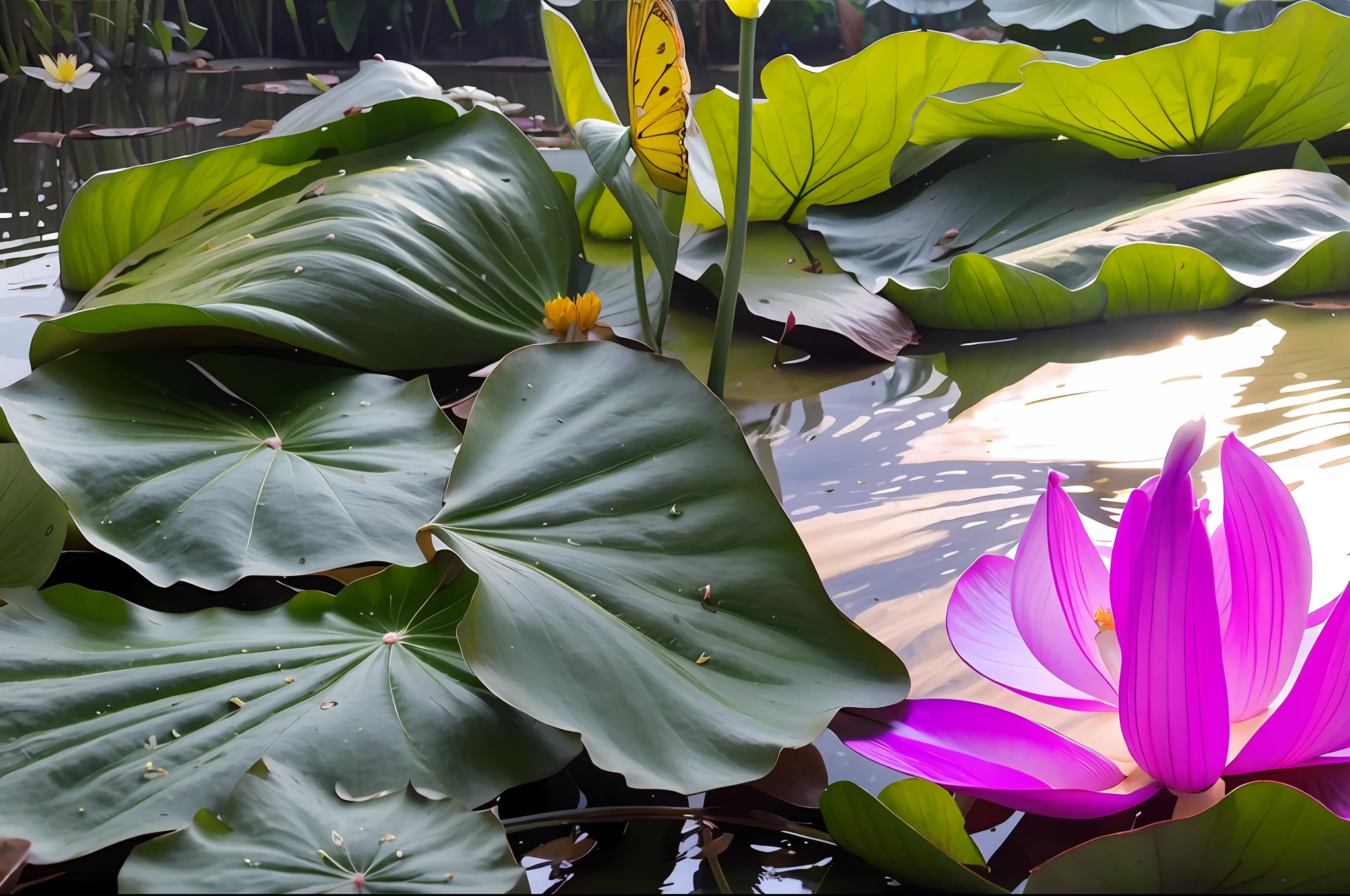 There is a large green leaf，There is a flower in the middle, large leaves and stems, big leafs, green lily pads, big leafs, big leaves and large dragonflies, large leaves and stems, lily pad, water lily mat, alien foliage plants, Lotus pond, lying on lily pad, lotuses, lotus flowers on the water, vegetable foliage