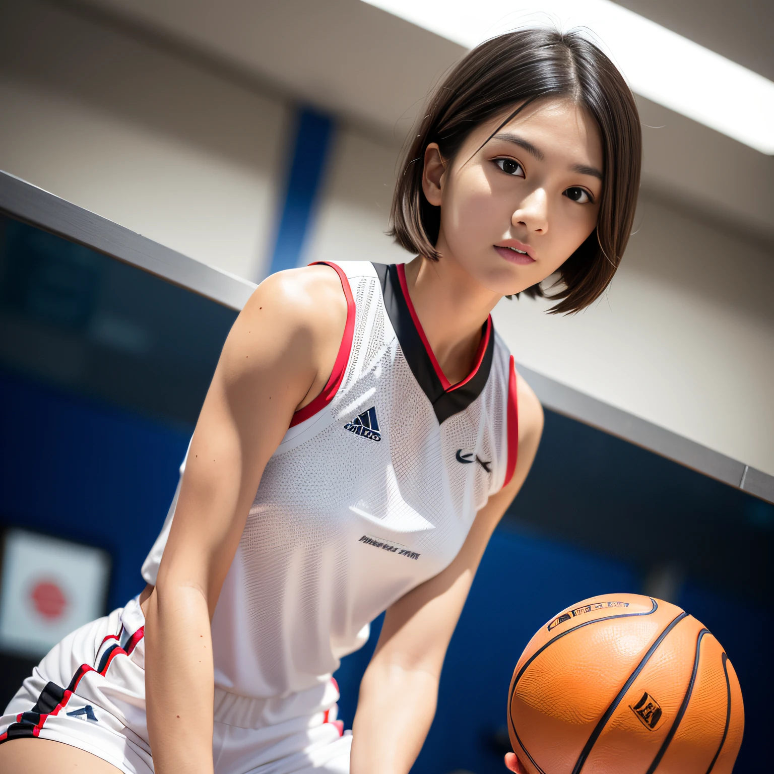 （8K分辨率，half-body photo，photorealestic），（1 female，19years old，（Face fidelity：Sakai Izumi's facial features：1.4，Bones thin face，s delicate face），com rosto detalhado，（Light makeup），Beautiful face，com rosto detalhado，详细的脸，Ultra-fine makeup，Black colored eyes，（Look into the camera），Short hair micro-curls，（Windswept hair，Messy has layers），Redlip，Fair smooth skin，（Best Skin Type：1.21），mediuml breasts，（Classic Xiangbei basketball uniform，（Pattern：Number 10，Number 11），Basketball heels），Tall and tall，Sweating after training，perfect hand，Perfect gripping position，Perfect posture，Ultra-fine clothing material），（Daily training poses，Exquisite details of the basketball court，（Arena view，BREAK BREAK BREAK，intermission，Crowd on the sidelines）），（expressioness：self-assured，exhilarated，Determination），（Light assist，profesional lighting），（colours：White or red）），（Golden section，Cinema lenses，Hasselblad photograp，tmasterpiece：1.3），（Cold and sexy，athlete，Sporty style，Artis，Official propaganda）