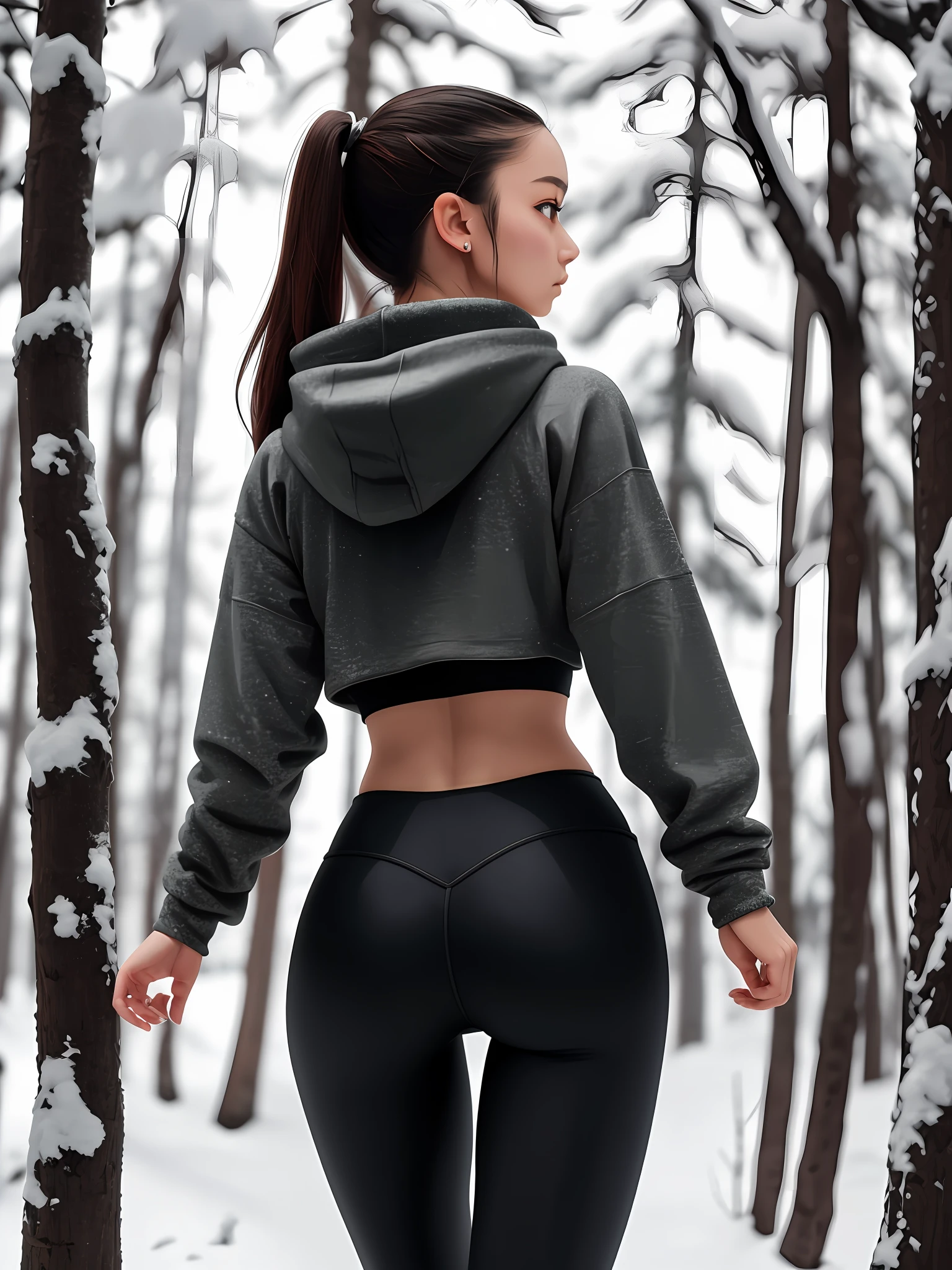 woman, Wear leggings and a crop top hoodie, Carmelto, thigh gap, A detailed eye, In the snowy forest, Seductive, Alluring, Best quality masterpiece, Detailed, 8K, hdr, Shallow depth of field, nguanglf, High contrast, back lit lighting, full bloom, glittery, color difference, smooth, Sharp focus