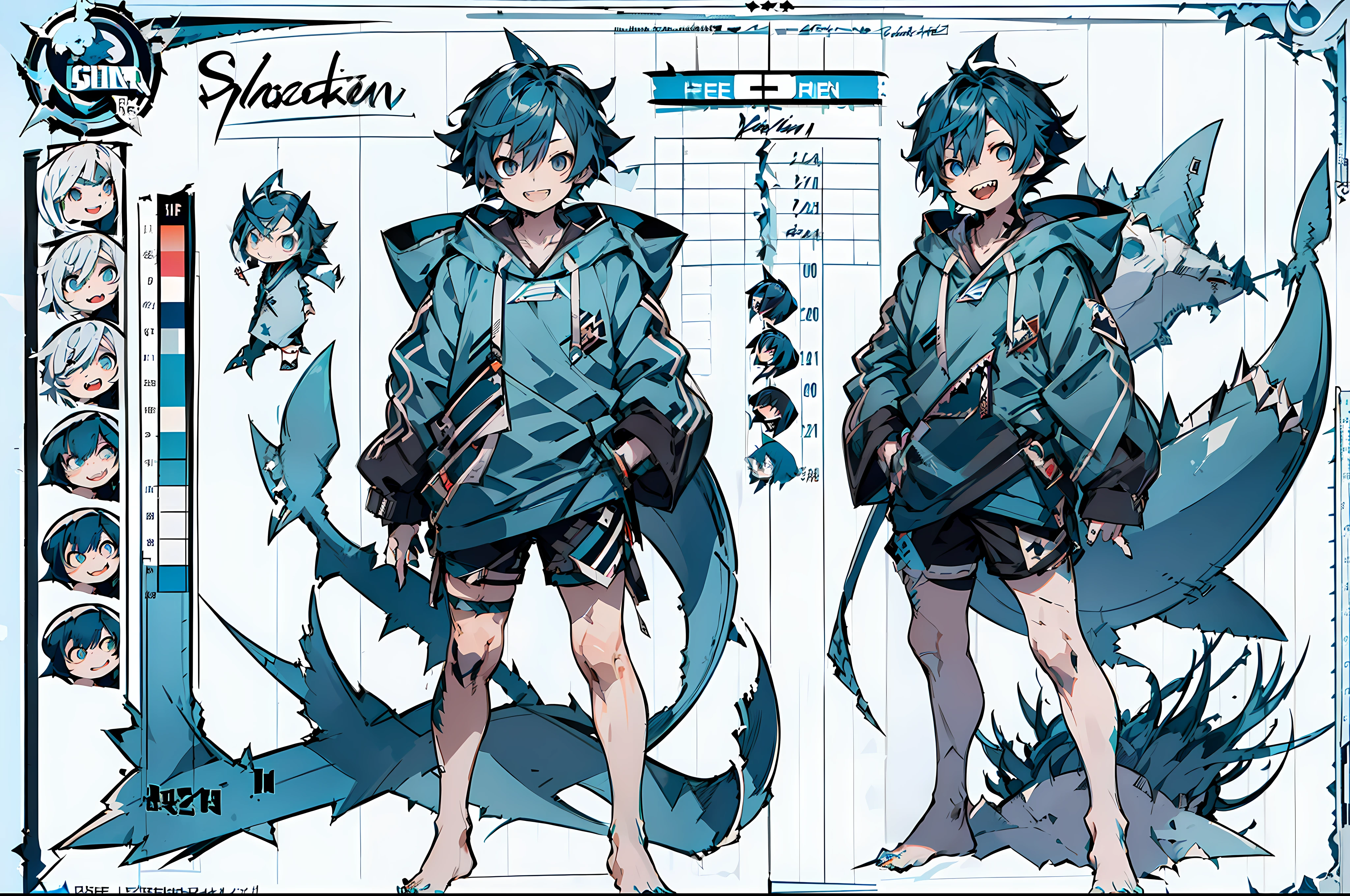 master-piece, hyper quality, hyper detailed, perfect drawing, 1boy, ((Hairstyle: Messy Japanese Round Haircut for Thick Hair)), ((blue hoodie)), ((shark tail)), ((Cute smile and sharp shark teeth), ((blue eyes)), ((blue hair,)) height 167cm, stand still, (character sheet:1.4), (concept art:1.4), fashionable