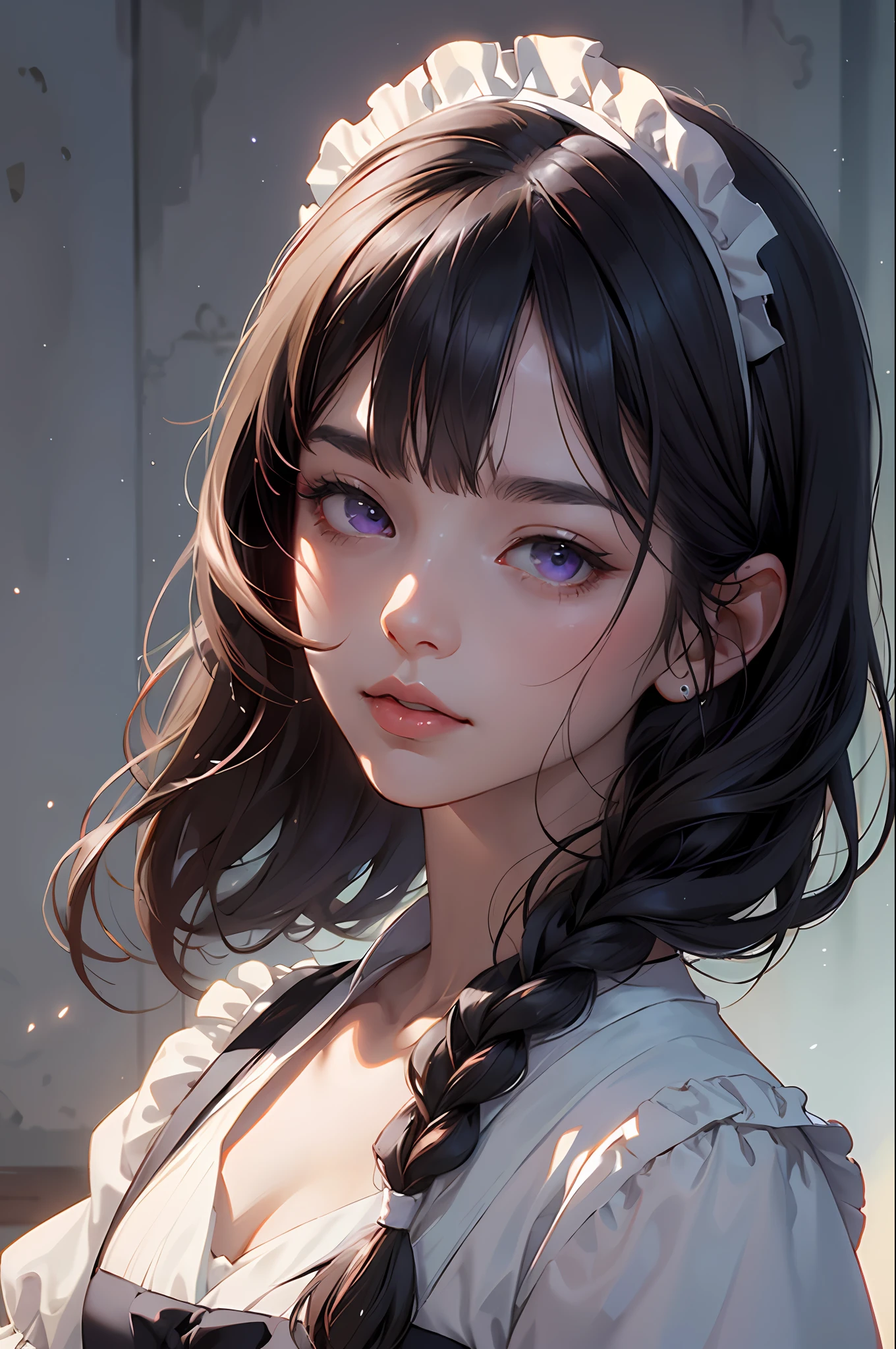 Ultra High Definition 2D Art、a closeup(1womanl)、Bright purple eyes、2 d anime style、Soft and delicate depiction、In landscape mode、A masterpiece by tarte and James Jean、Beautiful girl in braids wearing classical maid clothes