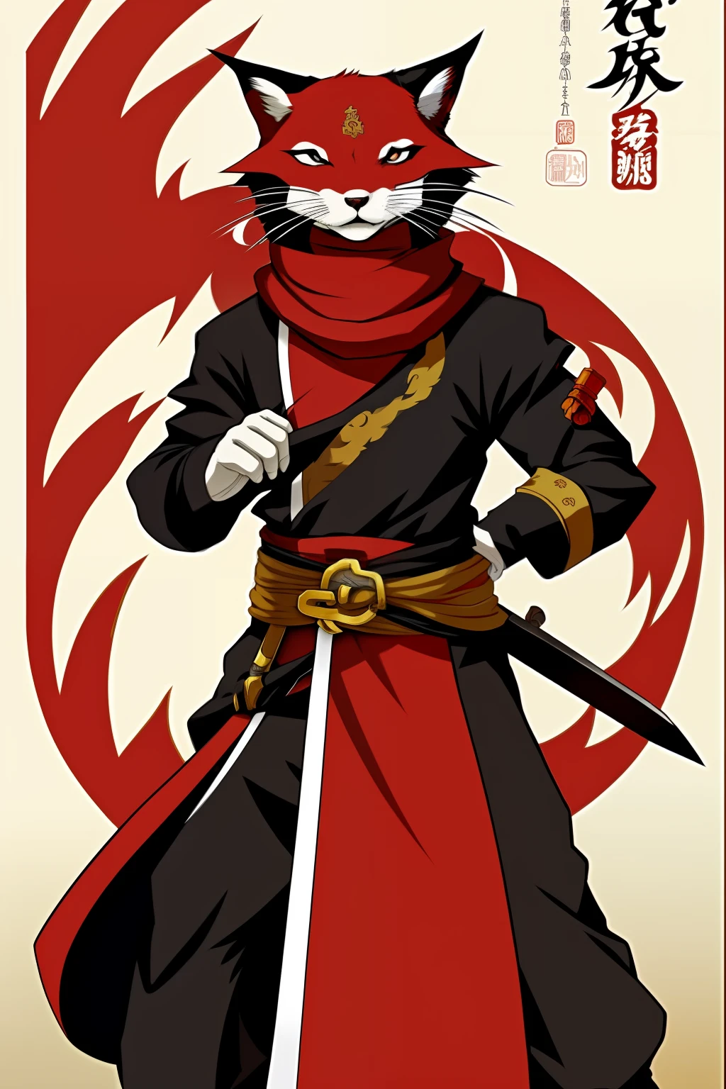 Anime characters of cats and cats dressed in red, anthropomorphic cat ninja, buizel and human fusion, Akira in Chinese mythology, Furry anime, ferret warrior, fox nobushi, inspired by Kawanabe Kyōsai, koda kazuma, guilty gear art style, tabaxi monk, Samurai cat