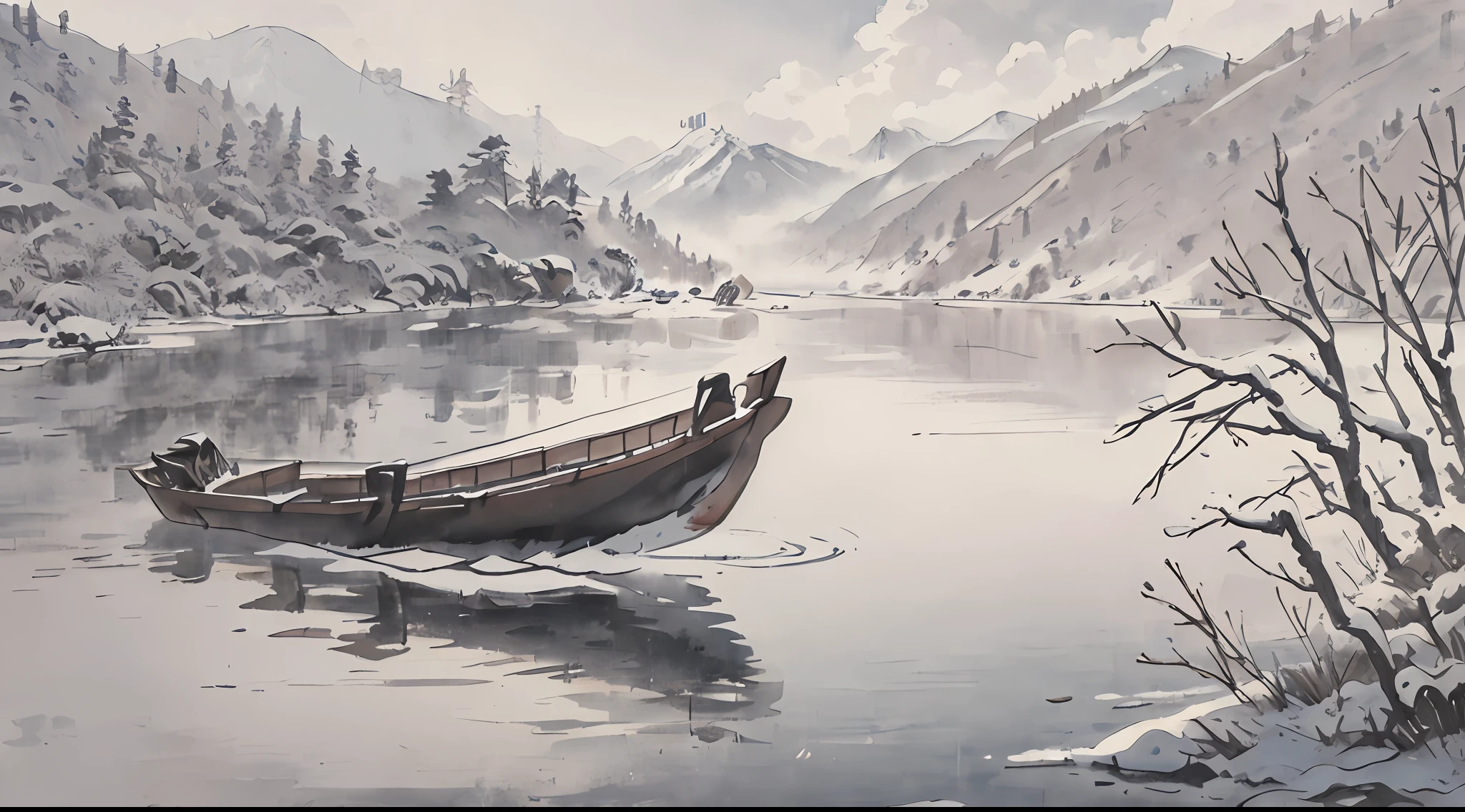 tmasterpiece,HighestQuali,China splashes ink landscapes,Faraway view,独奏,Homem-Imponente,Snowy days,drifting snow,Wide river,The mountains on both sides are covered in snow,There is only one boat in the river,An old man fishing on a boat,Back Shadow,Focus on fishing,Bamboo weaving bucket hat,Black-brown cloak,About to disappear into the distance,Reflection in the water,Water surface mist,the detail,facing away from the audience