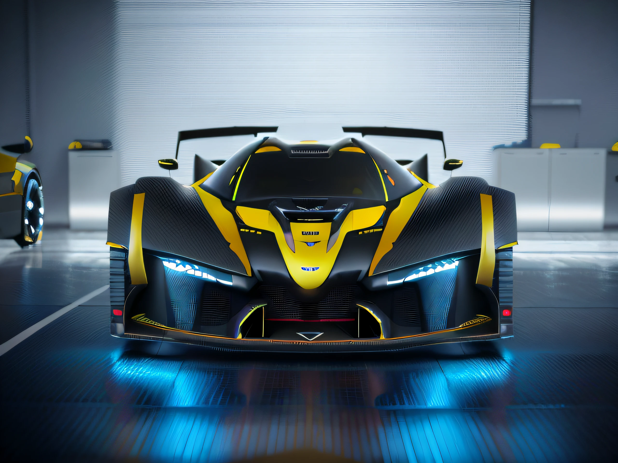 Close-up of a yellow and black car in the garage, nvidia omniverse, futuristic suzuki, veneno, Futuristic car, Very futuristic, cinematic front shot, Futuristic car, extreme render, Futuristic concept car, NVIDIA octane number, nvidia ray tracing, Front perspective, 8k octane 3d render, render octane, futuristic vehicle,