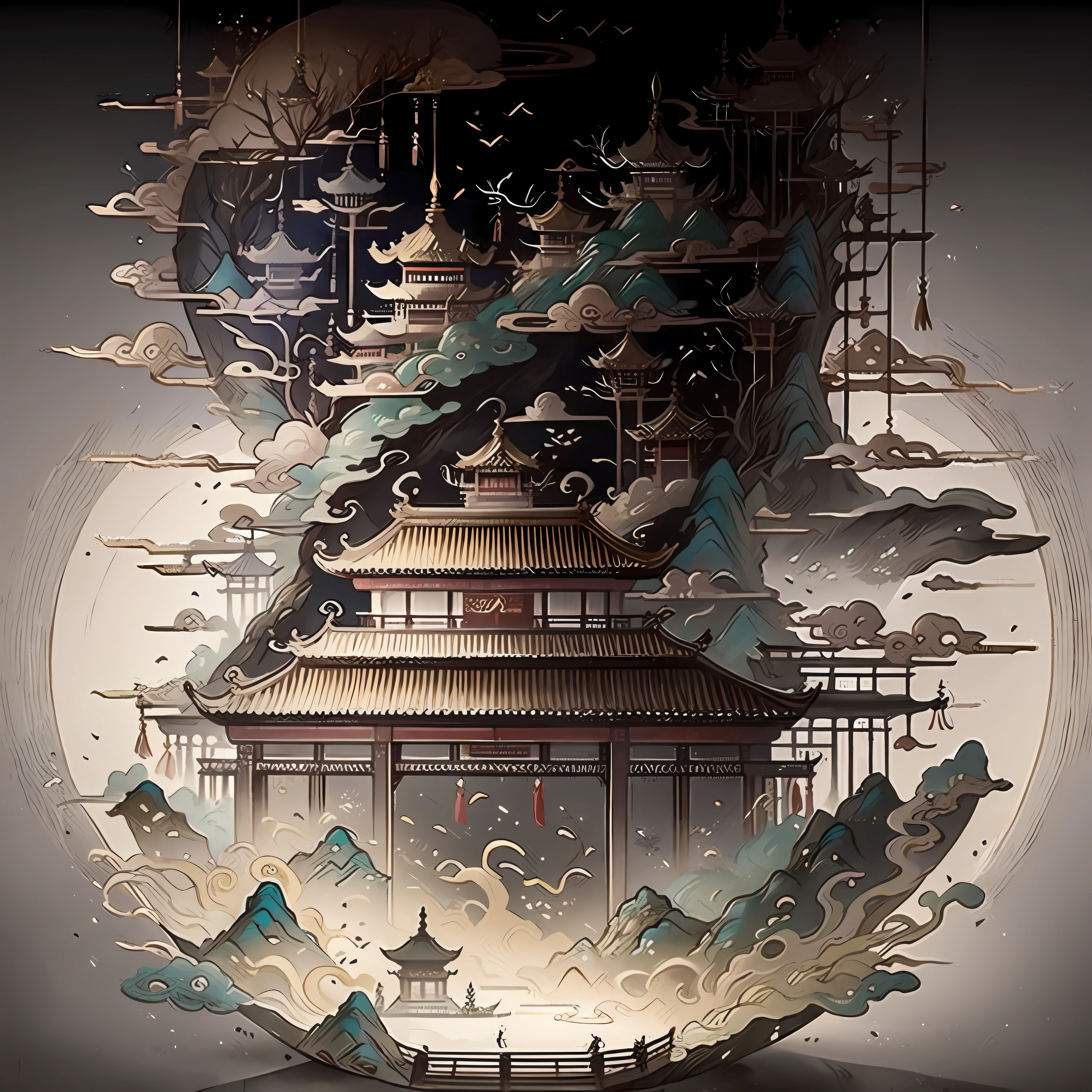 painting of a mountain scene with a temple and a mountain, ancient china art style, qing dynasty, song dynasty, inspired by Yang Buzhi, chinese landscape, traditional chinese art, chinese style painting, ming dynasty, chinese art, tang dynasty palace, by Li Di, dreamland of chinese, by Zhu Da, beautiful render of tang dynasty, tang dynasty