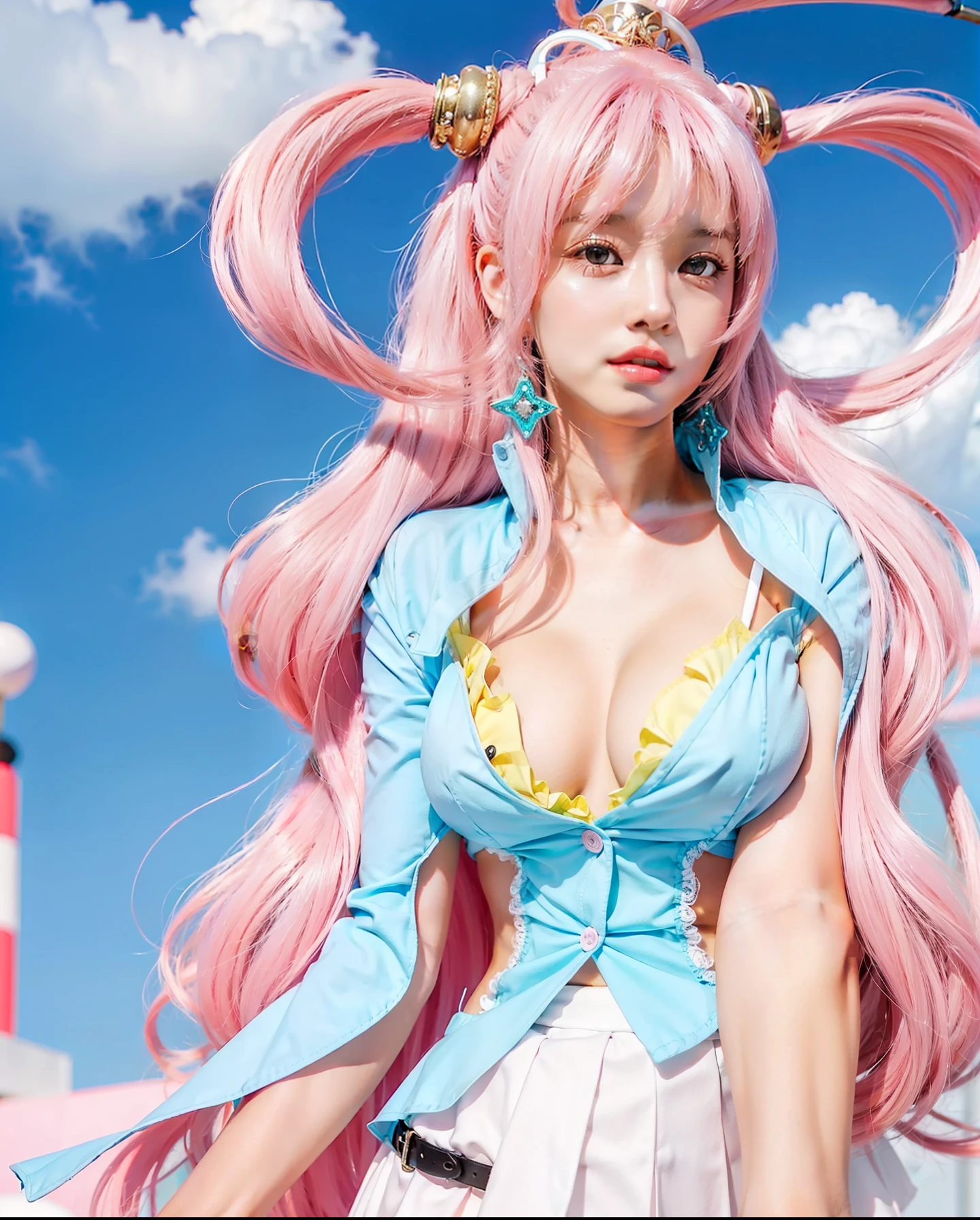 cute girl with pink long hair with poni,big breats,white skirt