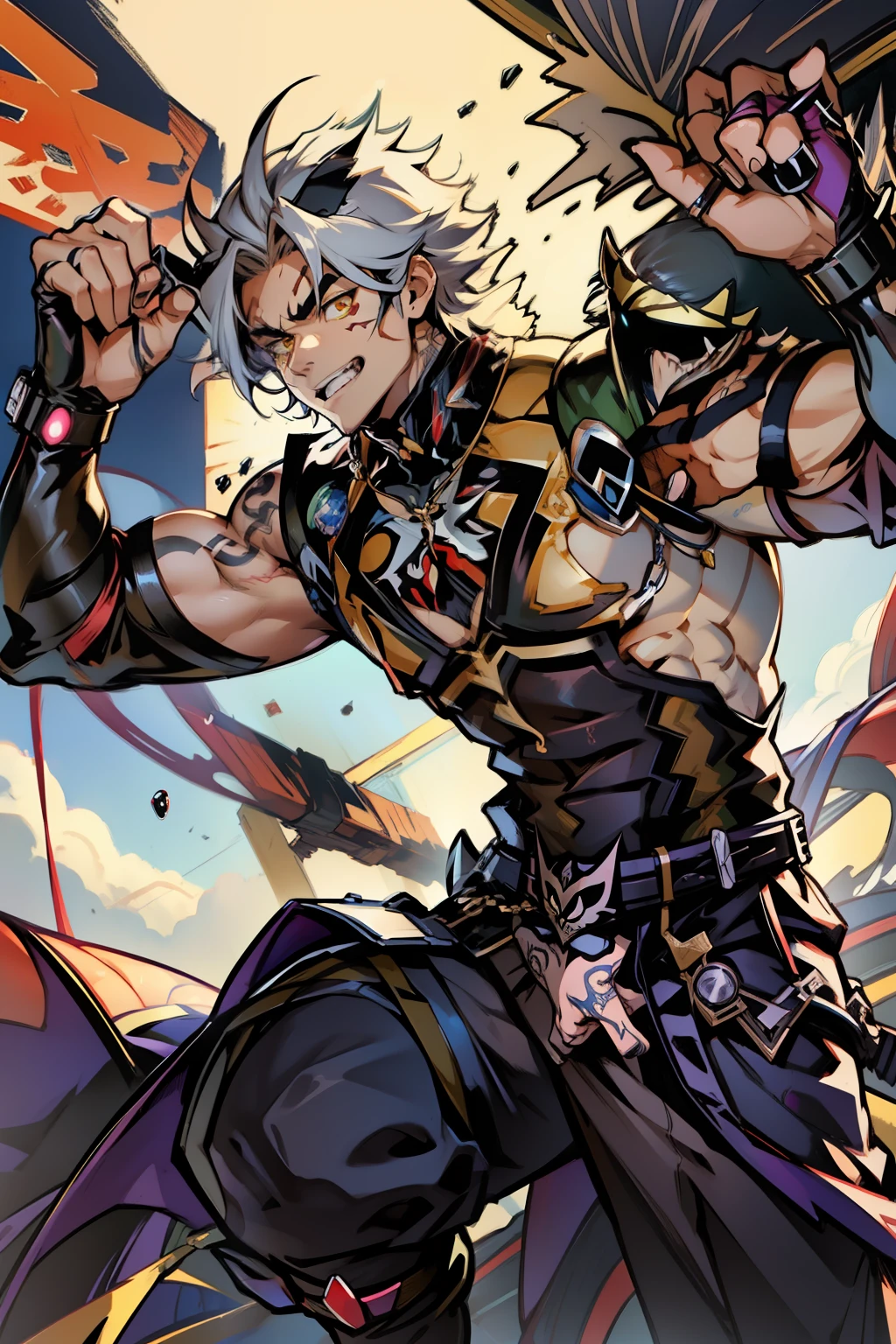 《the original god》Arataki Kazuto , male people,,((Masterpiece)), ((Best quality)), Ultra detailed,((illustration)), Dynamic Angle, Detailed light, (Delicate eyes), Floating, 1boy, Male focus, Head, Clothing, Yellow eyes, necklace, tattoo, (Forehead:0.8), (ahoge:0.8), jewelry, apathy,Ray, chest muscle, Sexy , Venom symbiote for your body, Black mucus of the body , (into venom), Venom,frontage,style of anime4 K, 4K anime wallpaper, Badass anime 8 K, 4 k comic wallpaper, young anime man, Anime boys, Anime wallpapers 4 k, Anime wallpaper 4K, High quality anime art style, Anime moe art style, Anime art wallpaper 8 K, Anime art wallpaper 4 K, RGB lighting