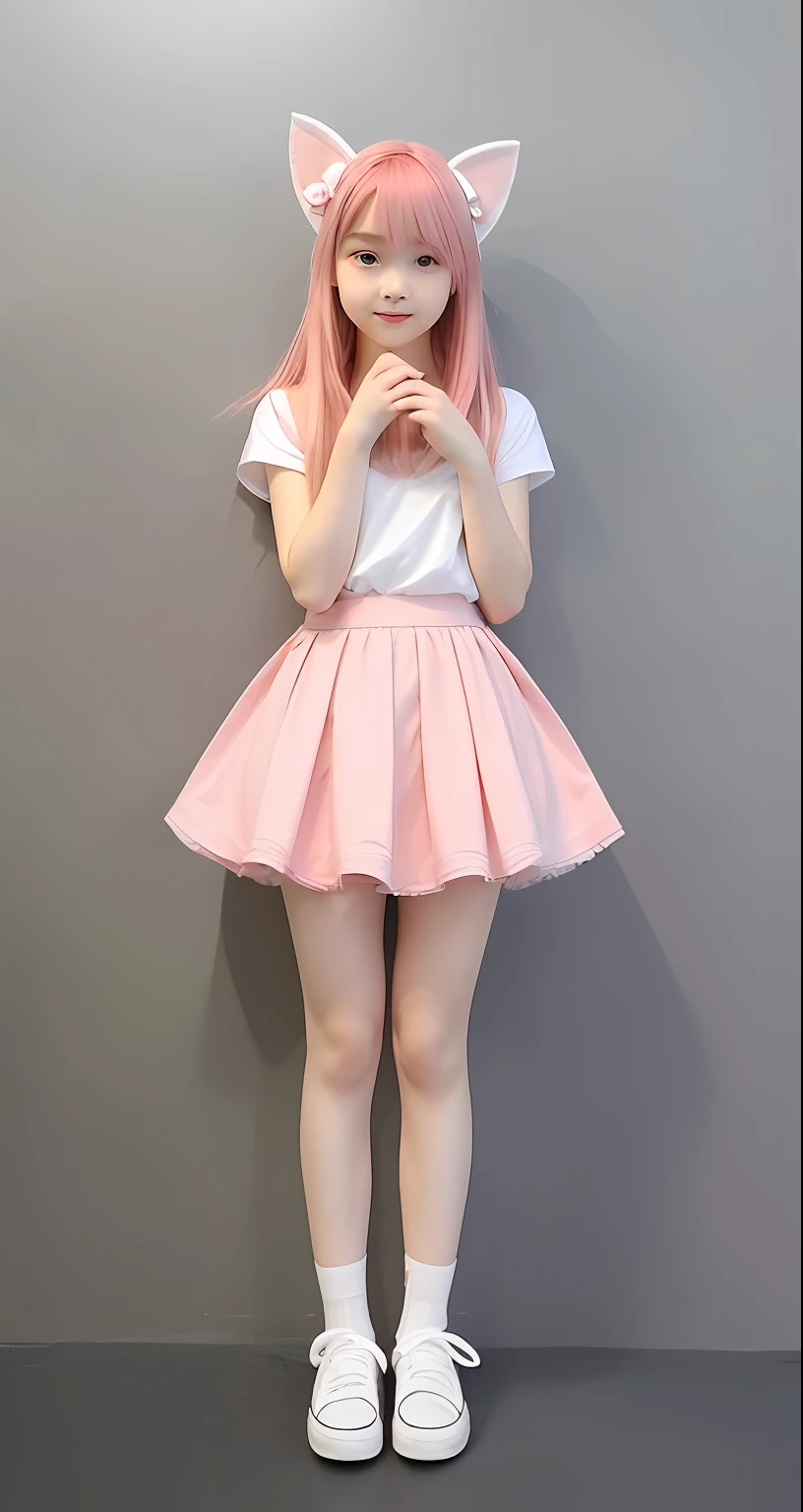 10 to ,With a petite figure,140cm到160cm,Pink hair is soft,The eyes are large and bright, with a pale pink color,The cute face is full of innocence,Small and delicate nose and mouth,Cat's ears on the head,The ears are white and soft,Fluffy skirt