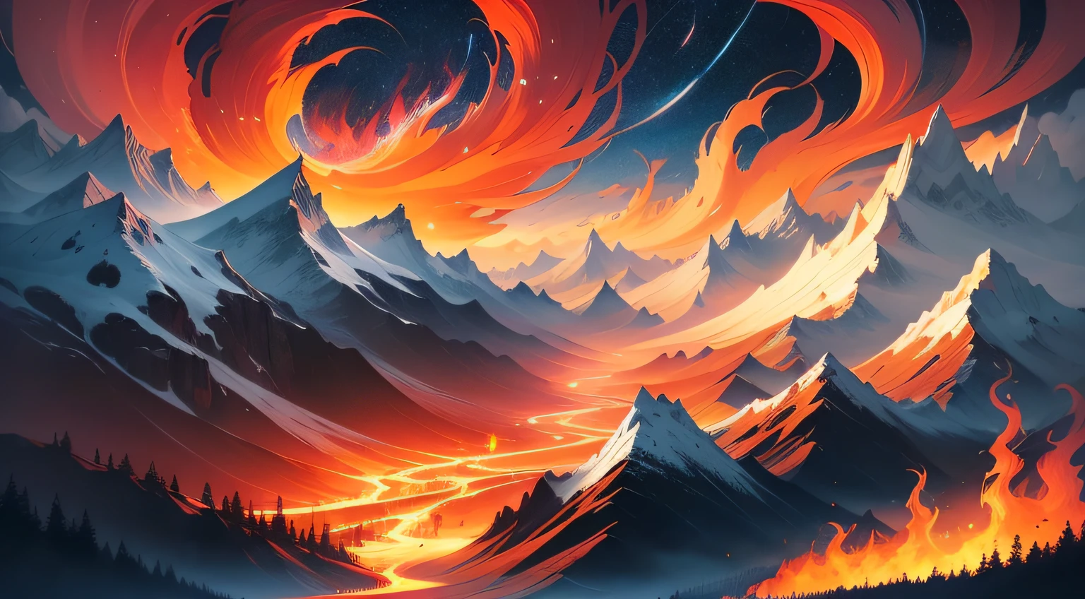 The flames of the flowing lines surround the entire picture,There are stars in the sky,There are mountains in the distance,Red-orange color scheme,Artistic sense,illustration