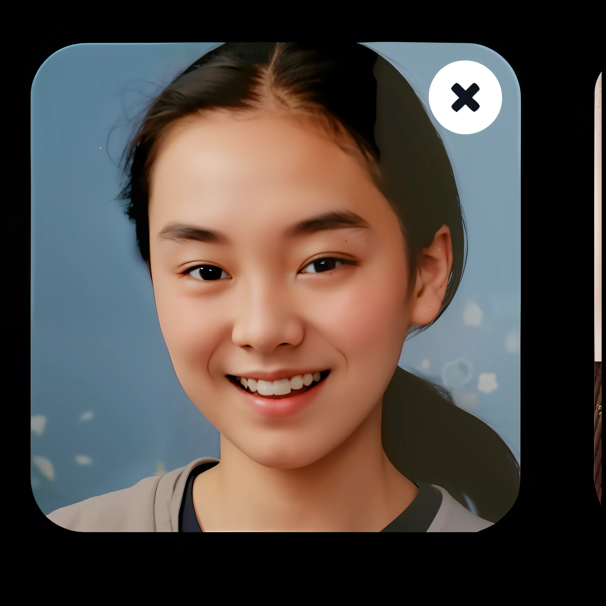 There are 2 photos of girls with missing teeth, she is about 1 6 years old, yearbook photo, 8K selfie photo, a photo of girl, very low quality, low quality instant camera photo, xision wu, detailed face of a asian girl, snapchat photo, very very low quality picture, cover photo portrait of du juan、Wearing a black swimsuit