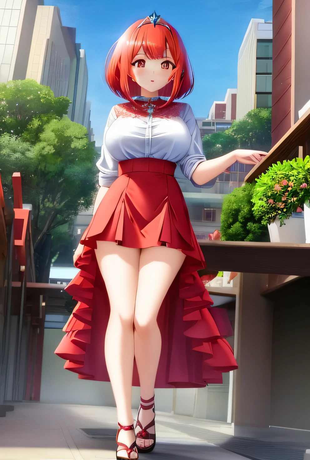 (woman in casual clothes, Vermilion hair, Red-haired、Bob Hair, emerald tiara, Cute face、Anime style like Xenoblade)