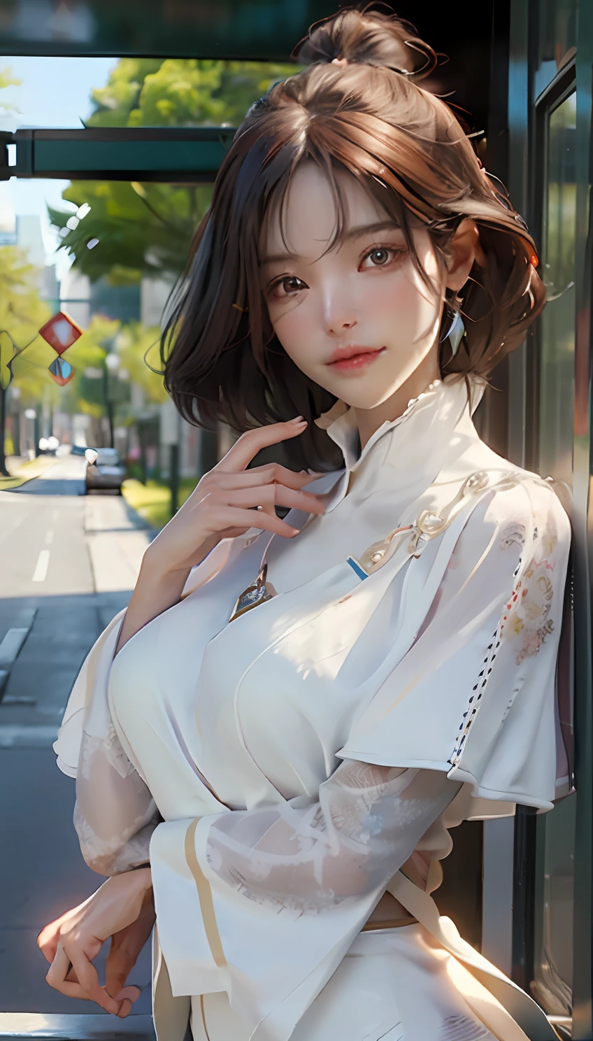 （best qualtiy）， （（tmasterpiece）， （the detail： 1.4）， 3D， Photos of beautiful women on the street， 详细的脸， Perfect body， ， hdr （HighDynamicRange）， Ray traching， NVIDIA RTX， Hyper-Resolution， Unreal 5， sub surface scattering， PBR Texture， Post-processing， Anisotropic filtering， depth of fields， Maximum Acutance and Acutance， Many-Layer Textures， Albedo e mapas Speculares， Surface coloring， Accurate simulation of light-material interactions， perfectly proportions， rendering by octane， Two-colored light， largeaperture， Low ISO， White balance， trichotomy， 8K raw data，Big chest，More skin leakage，Pure white clothes，Chest leakage