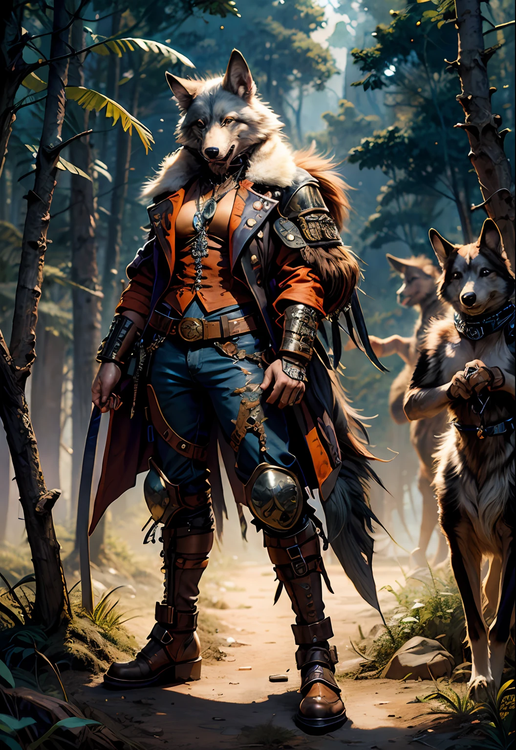 Hyper-detailed painting, Jean-Baptiste Monge style, wolf  Anthropomorphic, steampunk ,, , studded leather jacket with intricate ornamentation orange and purple , pirate steampunk theme,, , highest quality,, very angry face, body fitness, full body, long hair with braids , in the forest with butterflies