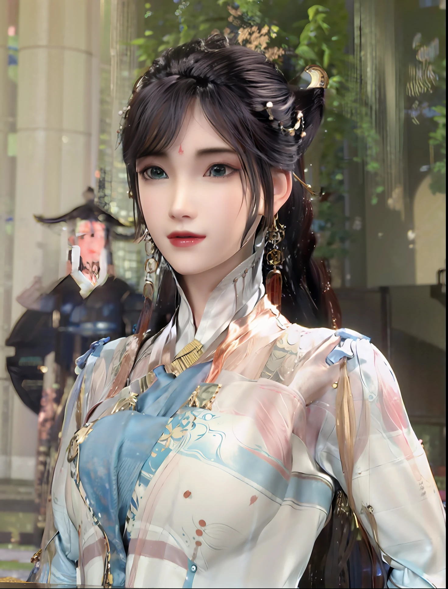 a close up of a woman in a white and blue outfit, full-body xianxia, Keqing from Genshin Impact, Inspired by Lan Ying, Inspired by Li Tang, zhongli from genshin impact, xianxia hero, a beautiful fantasy empress, Xianxia, full-body wuxia, Game CG, zhao yun, trending on cgstation