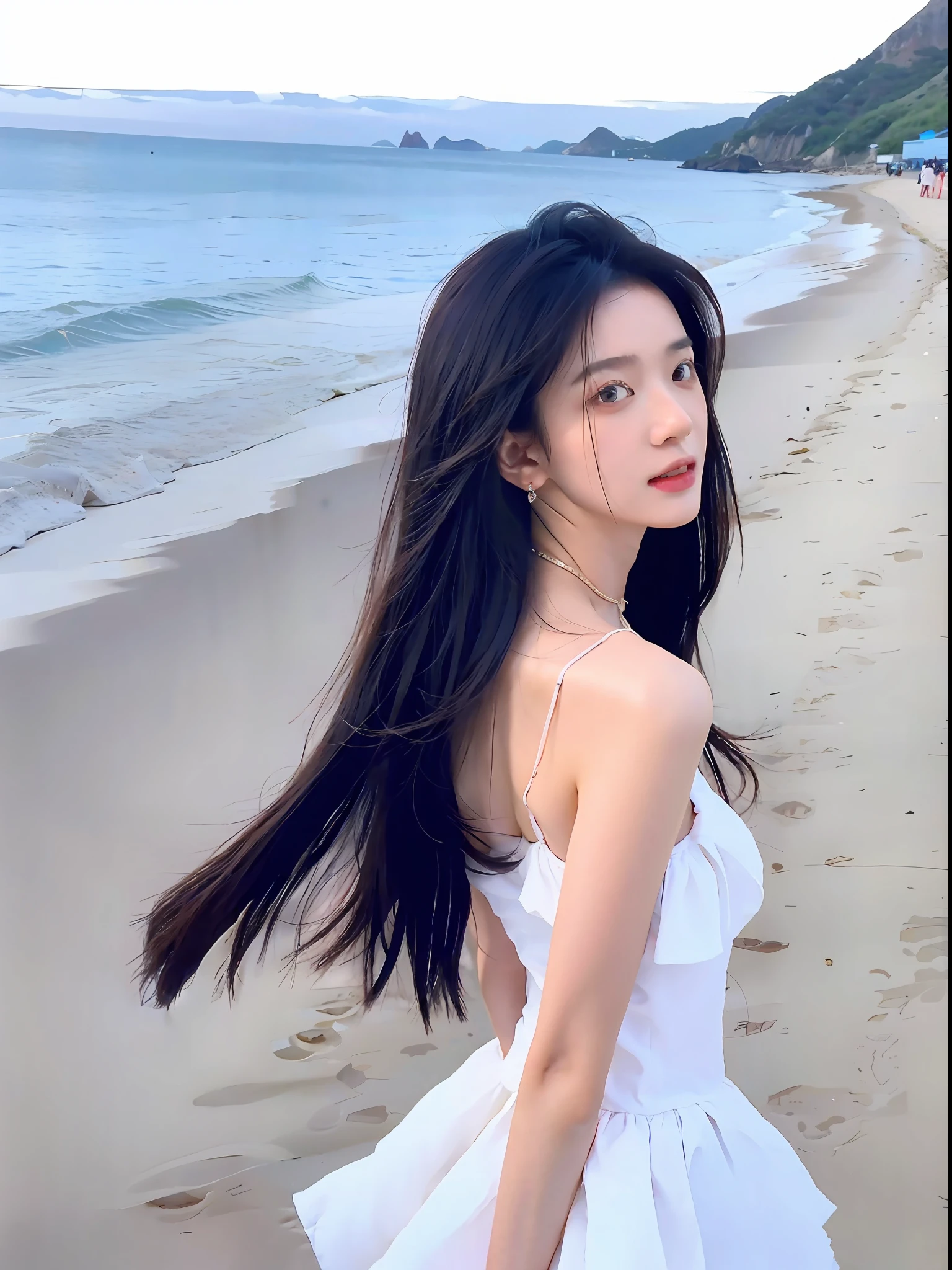 A close up of a woman in a white dress on a beach - SeaArt AI