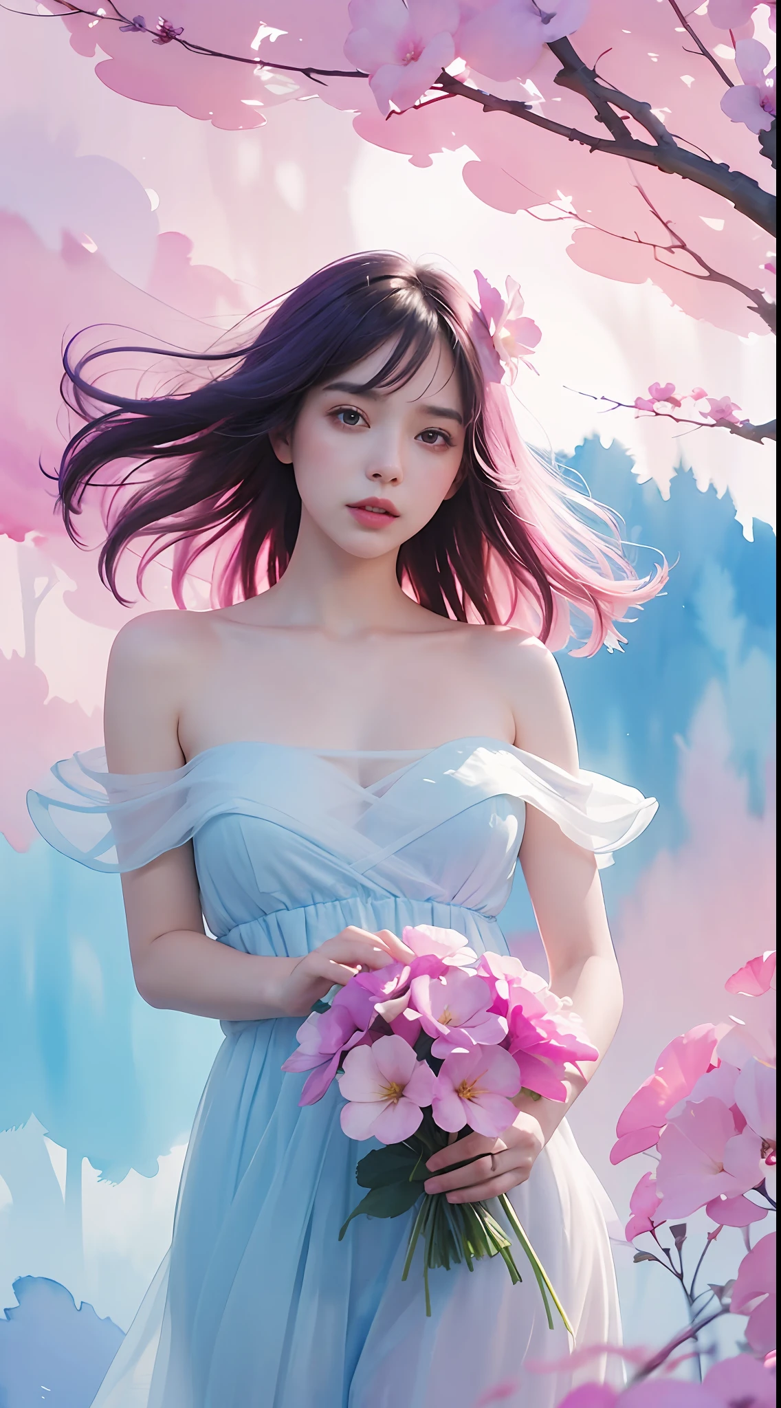 1girl,flower, Lisianthus ,in the style of light pink and light azure, dreamy and romantic compositions, pale pink, ethereal foliage, playful arrangements,fantasy, high contrast, ink strokes, explosions, over exposure, purple and red tone impression , abstract, ((watercolor painting by John Berkey and Jeremy Mann )) brush strokes, negative space,