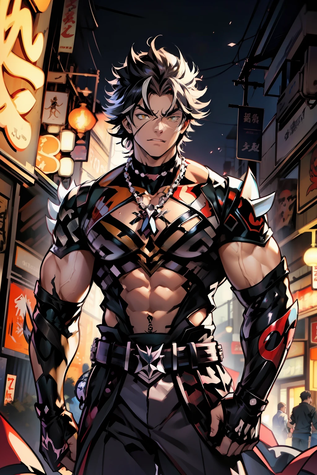《the original god》Arataki Kazuto , male people，，((Masterpiece)), ((Best quality)), Ultra detailed,((illustration)), Dynamic Angle, Detailed light, (Delicate eyes), Floating, 1boy, Male focus, Head, Clothing, Yellow eyes, necklace, tattoo, (Forehead:0.8), (ahoge:0.8), jewelry, apathy，Ray， chest muscle， Sexy , Venom symbiote for your body, Black mucus of the body , （into venom）, Venom，frontage，style of anime4 K， 4K anime wallpaper， Badass anime 8 K， 4 k comic wallpaper， young anime man， Anime boys， Anime wallpapers 4 k， Anime wallpaper 4K， High quality anime art style， Anime moe art style， Anime art wallpaper 8 K， Anime art wallpaper 4 K， RGB lighting
