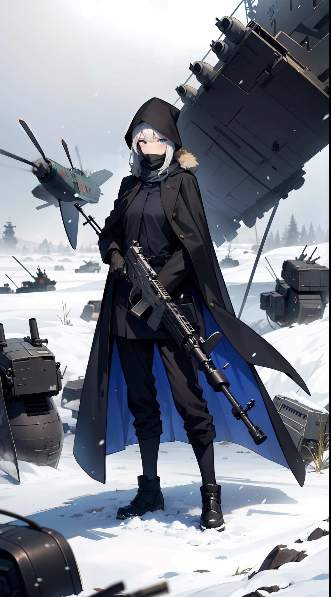 (War zone),Beautiful wallpapers,snow field,overcast day,(Mechanical girl),assault rifle,a black cloak,Handsome,modern warfare,(Gunships fly in the air)
