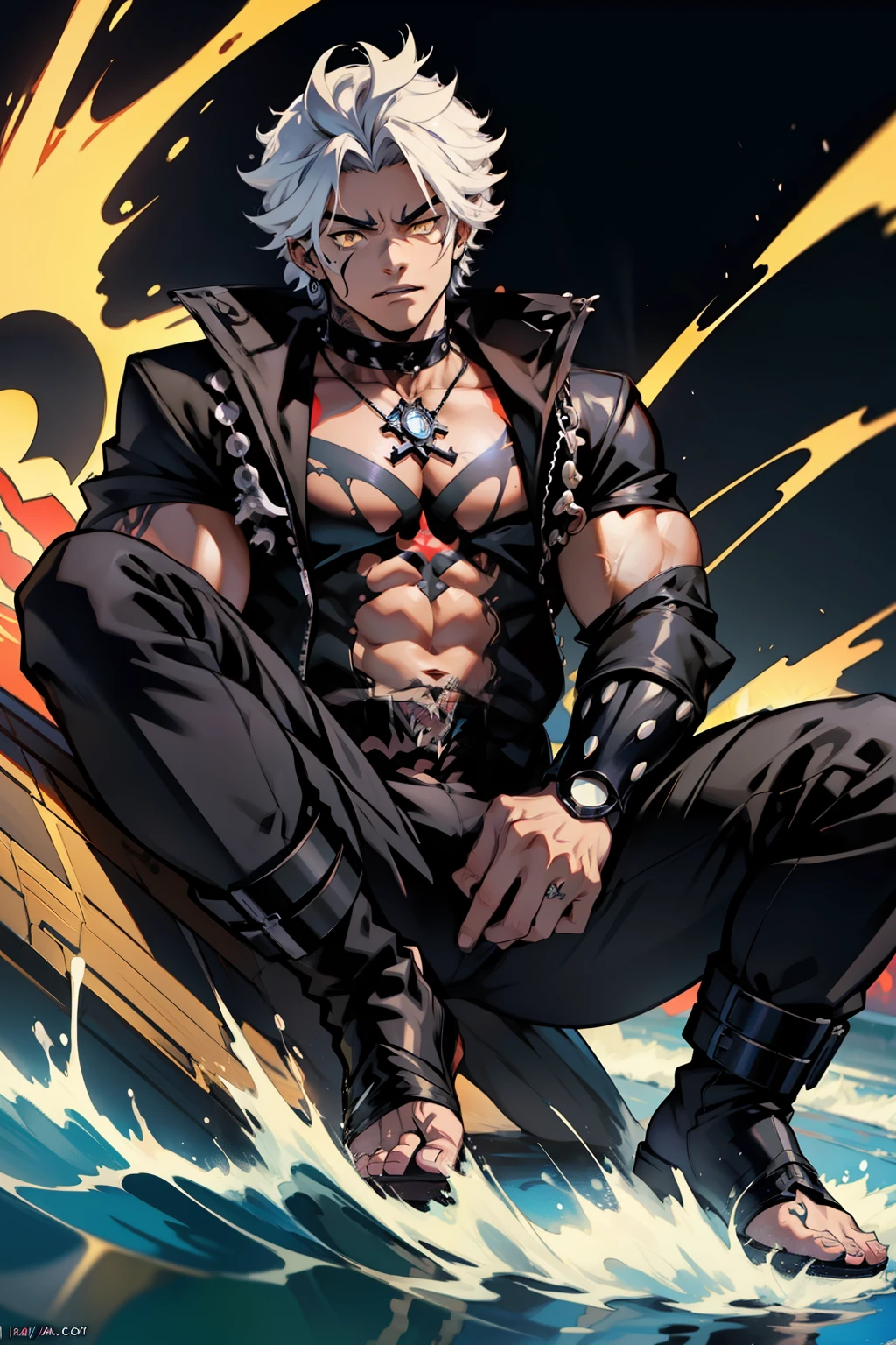 《the original god》Arataki Kazuto , male people，，((Masterpiece)), ((Best quality)), Ultra detailed,((illustration)), Dynamic Angle, Detailed light, (Delicate eyes), Floating, 1boy, Male focus, Head, Clothing, Yellow eyes, necklace, tattoo, (Forehead:0.8), (ahoge:0.8), jewelry, apathy，Ray， chest muscle， Sexy , Venom symbiote for your body, Black mucus of the body , （into venom）, Venom，frontage，style of anime4 K， 4K anime wallpaper， Badass anime 8 K， 4 k comic wallpaper， young anime man， Anime boys， Anime wallpapers 4 k， Anime wallpaper 4K， High quality anime art style， Anime moe art style， Anime art wallpaper 8 K， Anime art wallpaper 4 K， RGB lighting