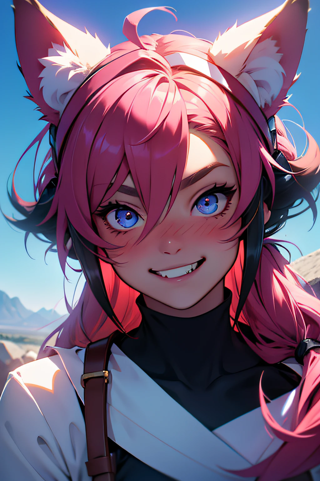 hair bobbles, wince, longeyelashes, solid circle eyes, fake animal ears, light smile, ear blush, fang, anaglyph, pov, atmospheric perspective, Expressionism, 8k, ccurate, best quality