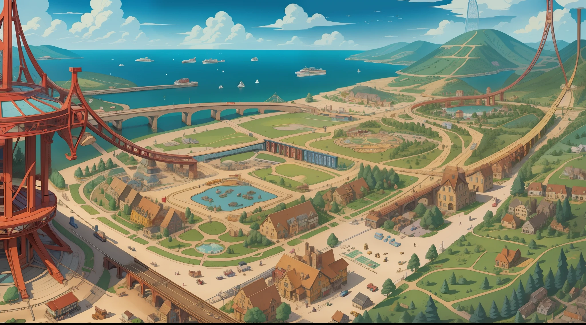 there is a boardgame cartoon map of a town with a train and a ferris wheel, detailed 2d illustration, detailed digital illustration, detailed illustration, aerial illustration, game illustration, childrens illustration, illustration detailed, game map, super detailed image, detailed street, houses and roads, an illustration, very detailed illustration, birdseye view, illustration for children, children's illustration