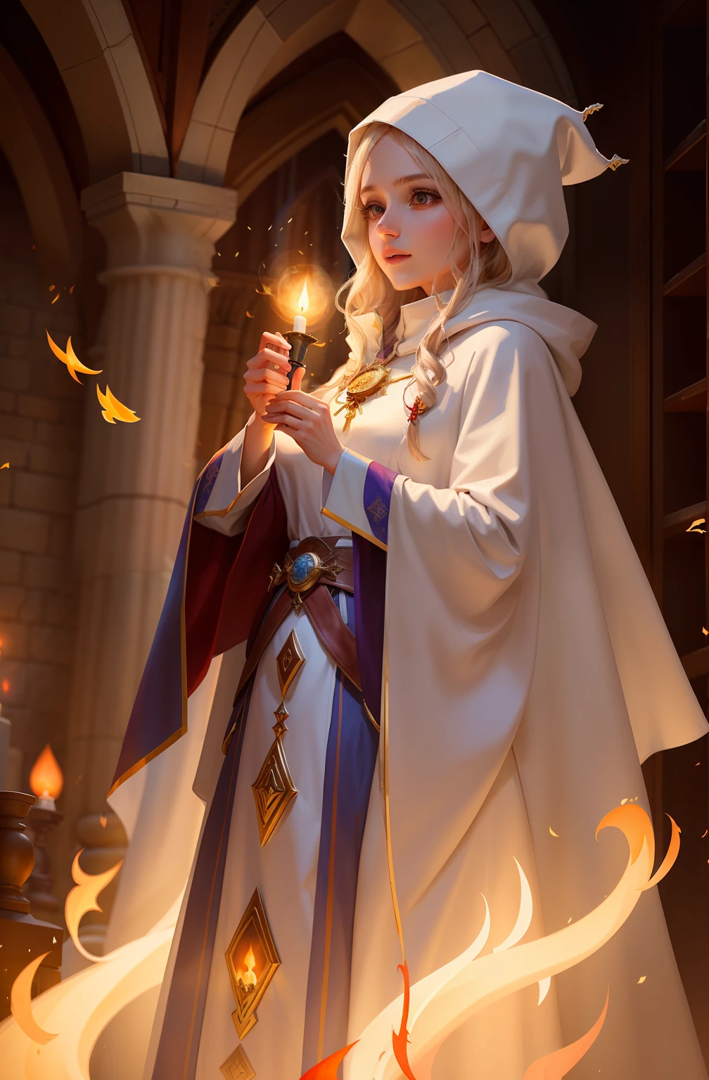 A woman in a white cloak holding a candle,holy fire spell art, portrait of a female mage, portrait of a mage, holy flame spell, dressed like a cleric, female cleric, firemage, cleric,pretty female cleric, Painted in a mysterious style。