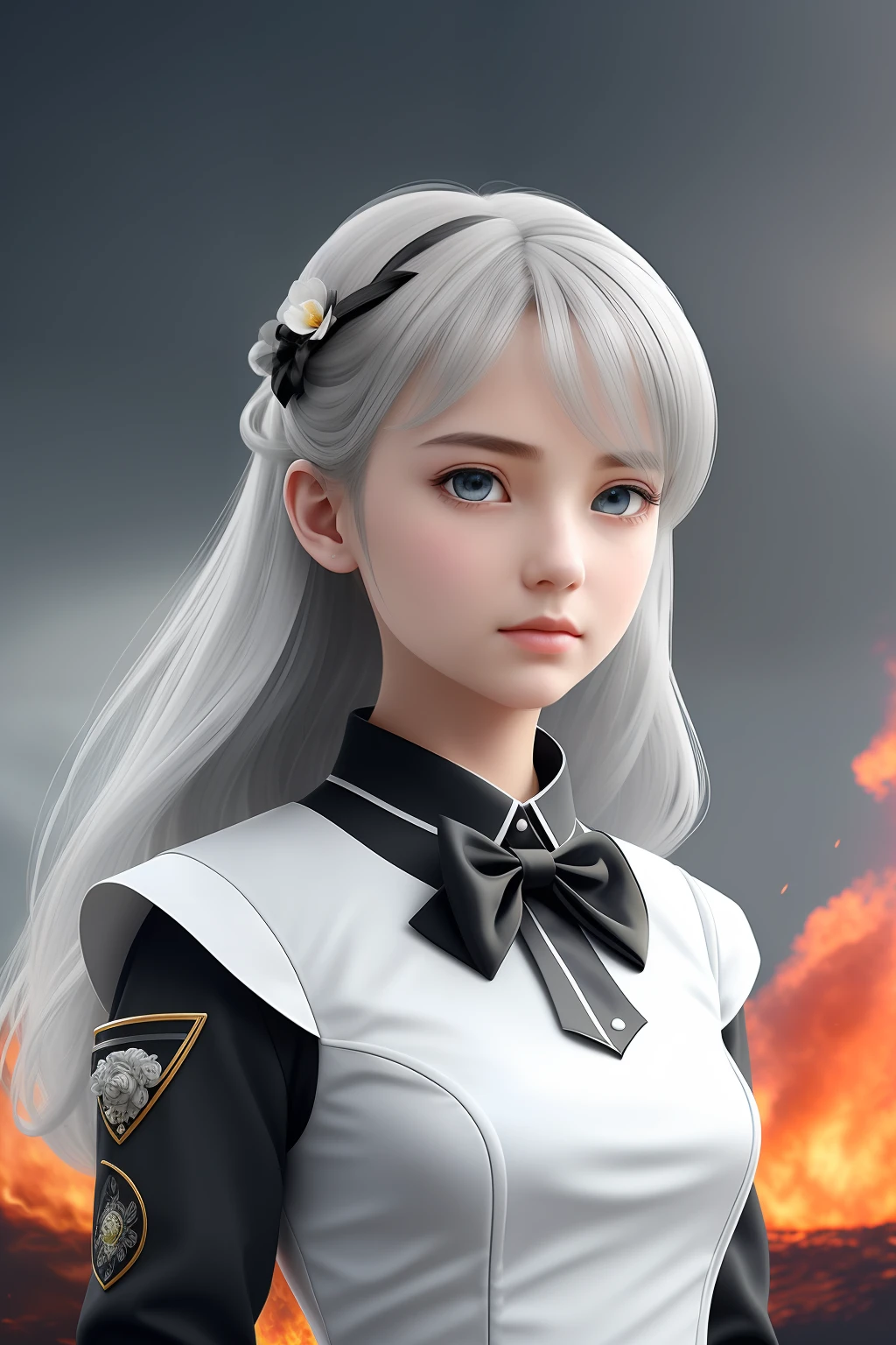 masterpiece, exquisite, illustration, {beautiful and meticulous girl}, beautiful and detailed halo, (fire of war: 1.2), (nuclear explosion behind: 1.3), rain, detailed lighting, detail water, (beautiful and detailed eyes: 1.1), expressionless, palace, sky blue hair, scattered hair, long bangs, eyebrows, (white-gray dress: 1.1), black ribbon, white bow tie, upper abdomen, big forehead, dull, flower, long sleeves