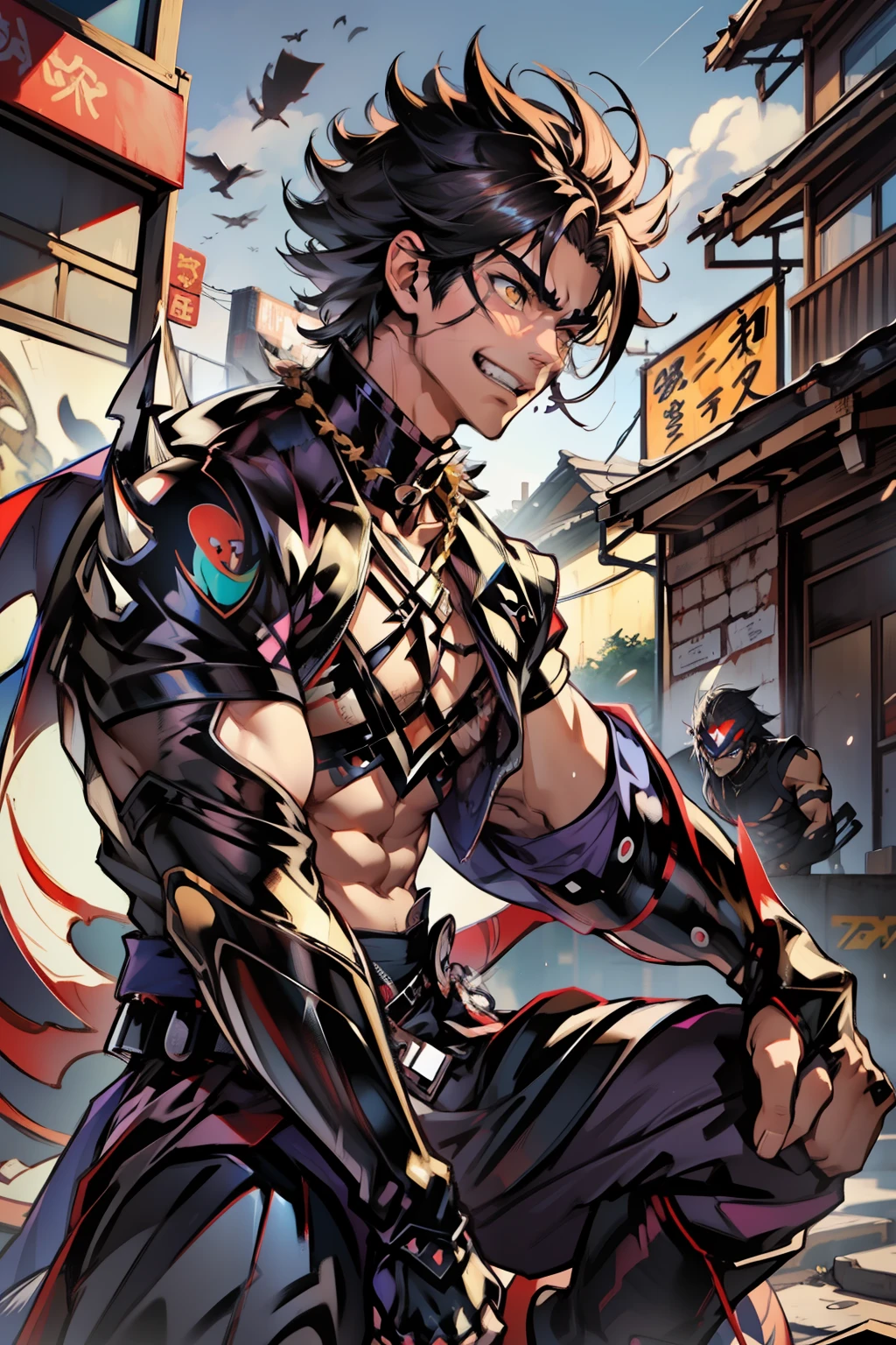 《the original god》Arataki Kazuto , male people,,((Masterpiece)), ((Best quality)), Ultra detailed,((illustration)), Dynamic Angle, Detailed light, (Delicate eyes), Floating, 1boy, Male focus, Head, Clothing, Yellow eyes, necklace, tattoo, (Forehead:0.8), (ahoge:0.8), jewelry, apathy,Ray, chest muscle, Sexy , Venom symbiote for your body, Black mucus of the body , (into venom), Venom,frontage,style of anime4 K, 4K anime wallpaper, Badass anime 8 K, 4 k comic wallpaper, young anime man, Anime boys, Anime wallpapers 4 k, Anime wallpaper 4K, High quality anime art style, Anime moe art style, Anime art wallpaper 8 K, Anime art wallpaper 4 K, RGB lighting