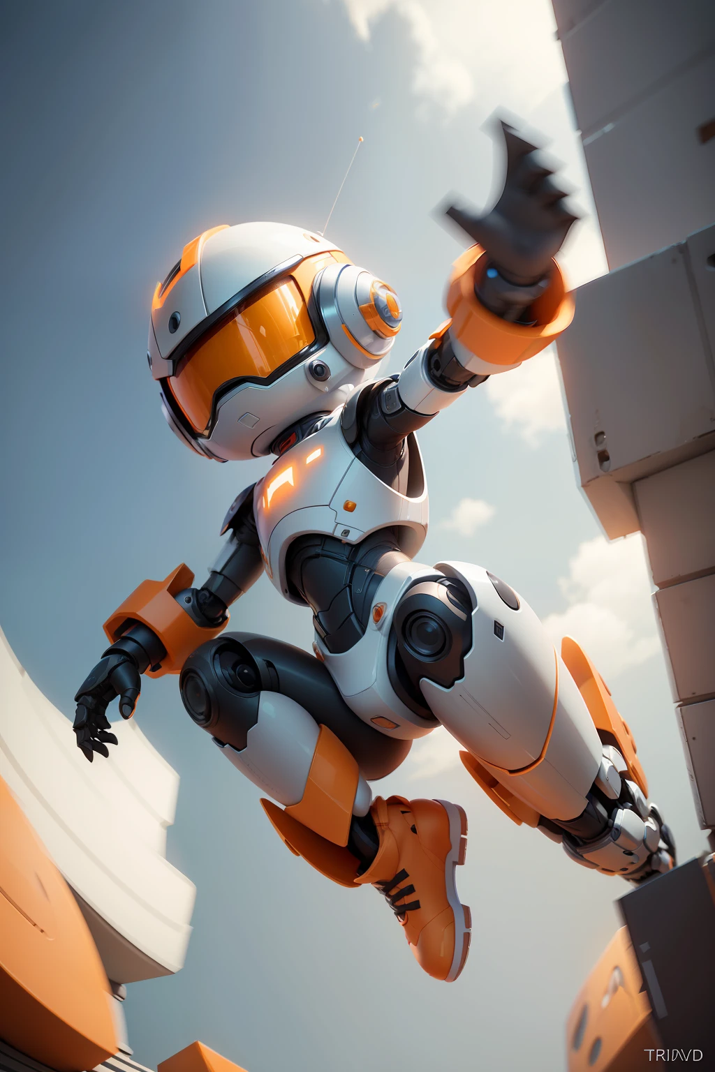 "A charming little robot boy with a vibrant orange V-shaped helmet, a sleek grey body, adorable white gloves, and stylish white shoes. Rendered in captivating 3D, featuring a cinematic Pixar style, this masterpiece captures the cuteness of the character in a dynamic mechanic background. Watch as the robot boy jumps and soars through the air!"
