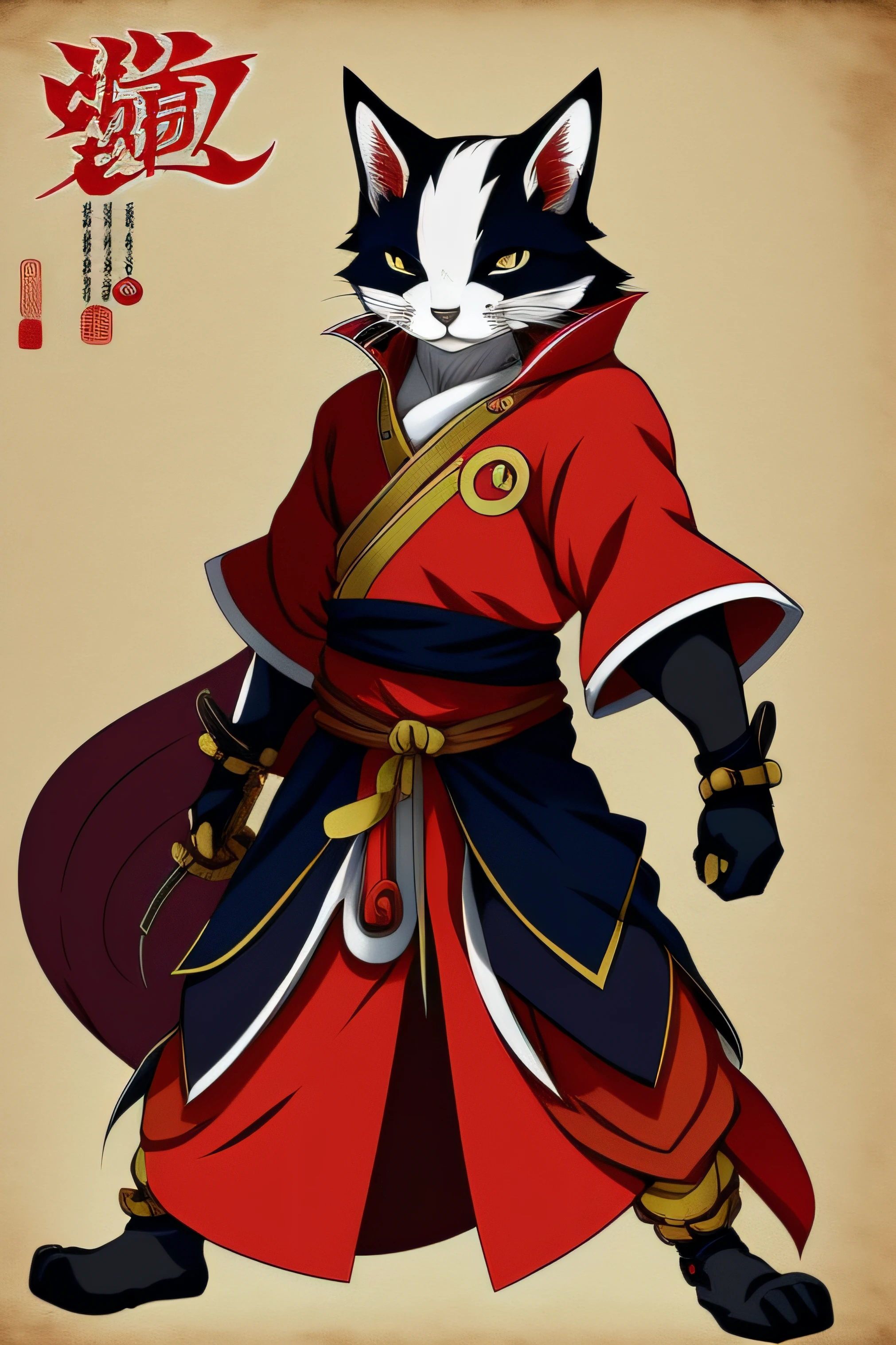 Anime characters of cats and cats dressed in red, anthropomorphic cat ninja, buizel and human fusion, Akira in Chinese mythology, Furry anime, ferret warrior, fox nobushi, inspired by Kawanabe Kyōsai, koda kazuma, guilty gear art style, tabaxi monk, Samurai cat