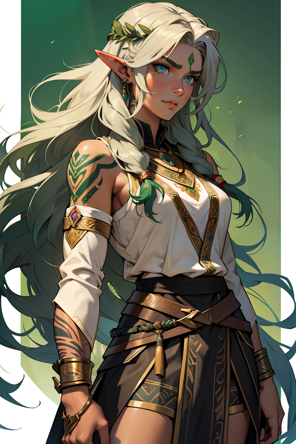 The facial features are clear and three-dimensional，Masterpiece，Highest quality，Elven female, Hot figure, green long hair，Big wavy hair， bronze skin,heroic look,archer, Beautiful and determined, Feminine,Strong,Indian tribal ranger costume, shaman，Tattooed with，Facial details, The face is delicate，Beast animal skin skirt