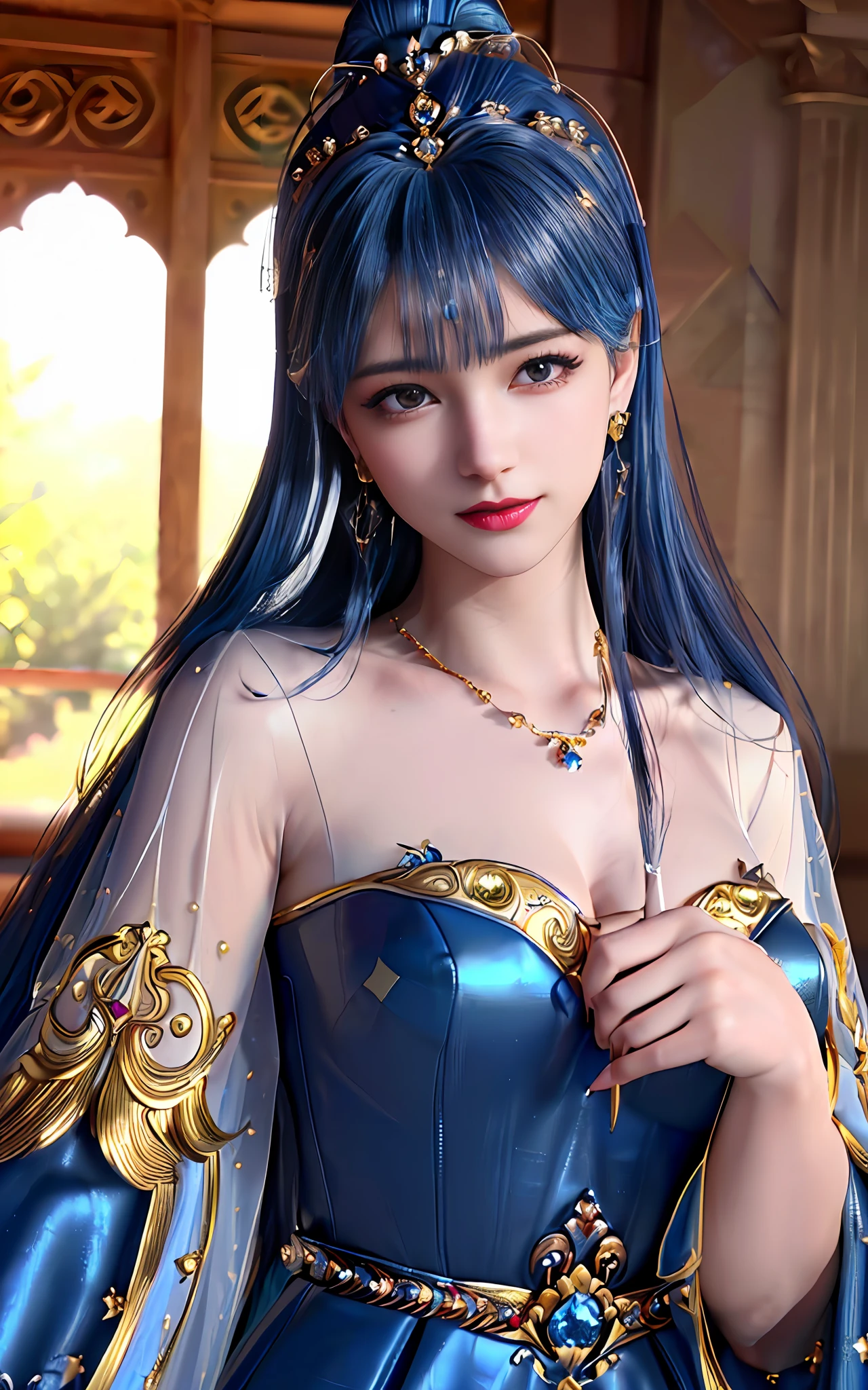 ((realisticity: 1.2)), ((best resolution: 8K UHD)), best quality,masterpiece,highres,cg,
((1 super detailed and super realistic girl)), ((very beautiful queen dazzling, super realistic, and super detailed)),((white skin, beautiful, smooth, youthful, super realistic and super detailed
)), long hair, ((super realistic and super detailed dress)), solo, ((super realistic, super beautiful, gorgeous and super detailed jewelry)), ((super beautiful, super realistic and super detailed dark blue and golden yellow dress)),
((super beautiful, super realistic, super detailed diamond filled earrings)),
((super beautiful, super realistic and super detailed diamond filled hair ornament)), ((super beautiful upper body, super beautiful, super realistic and super detailed)), ((big breasts: 2.5)),
((super grand, super realistic and super detailed royal palace backgroun))
((super beautiful, super beautiful, super realistic and super detailed hair bun)), ((super beautiful, super realistic and super detailed blue hair)),
candid, Photograph, high resolution, 8k,Bokeh,